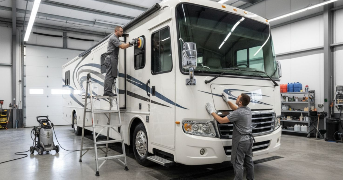 Técnicos a realizar detalhe profissional completo em autocaravana — polimento e proteção da pintura em oficina especializada