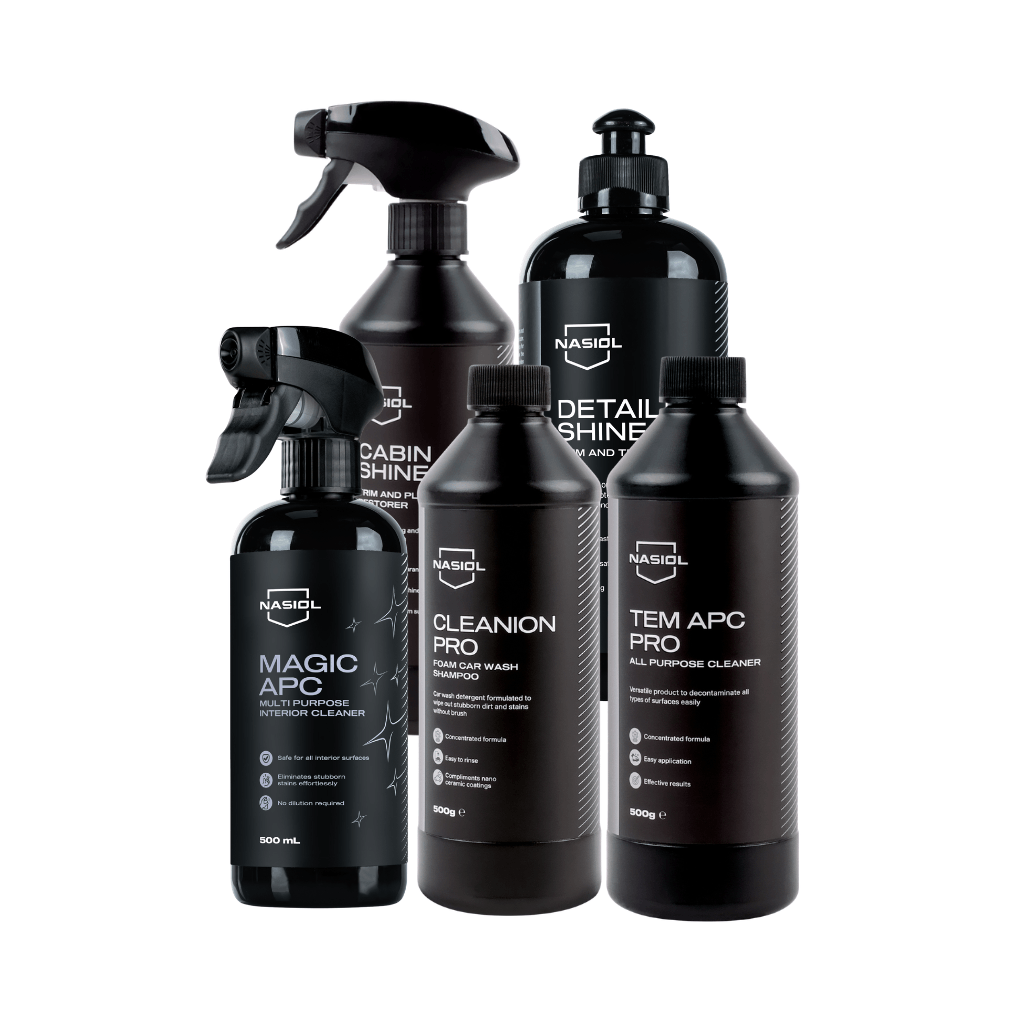 Gama Nasiol de cuidado interior e exterior automóvel - Magic APC, CabinShine, DetailerShine, Cleanion Pro e Tem APC Pro