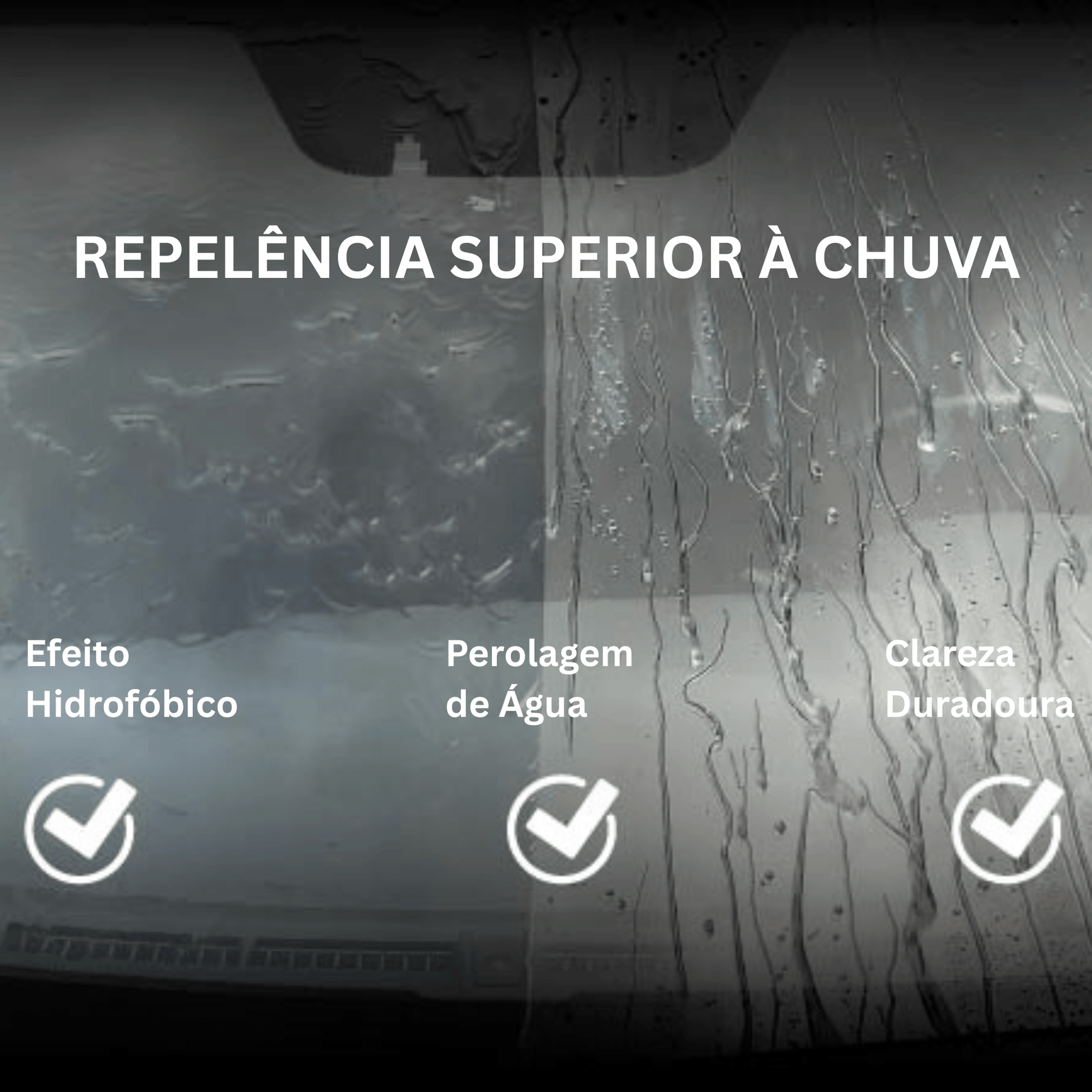 Comparação de vidro de automóvel com e sem Nasiol GlasShield sob chuva, efeito hidrofóbico com perolagem de água e clareza duradoura