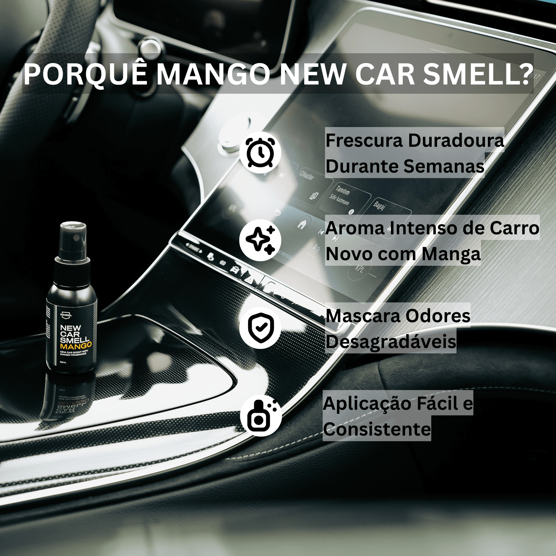 Benefícios do ambientador Nasiol New Car Smell Mango — frescura duradoura, mascara odores