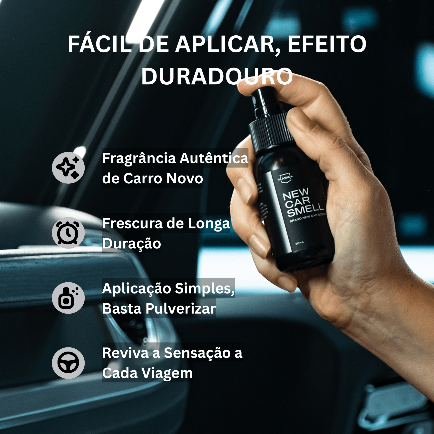Benefícios do ambientador Nasiol New Car Smell — aplicação fácil, frescura duradoura