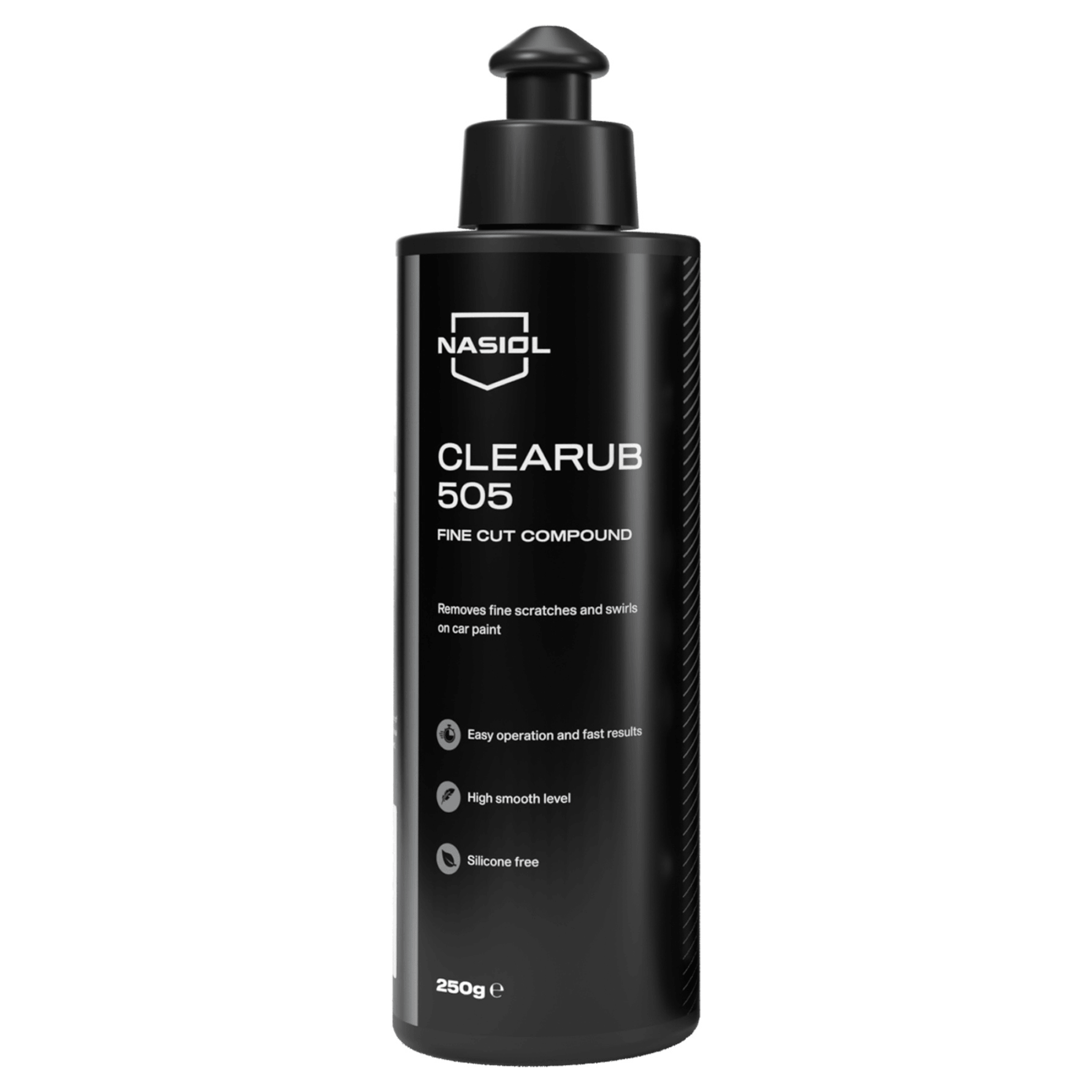 Composto de polimento fino Nasiol Clearub 505 250g — remove riscos finos e marcas de swirl