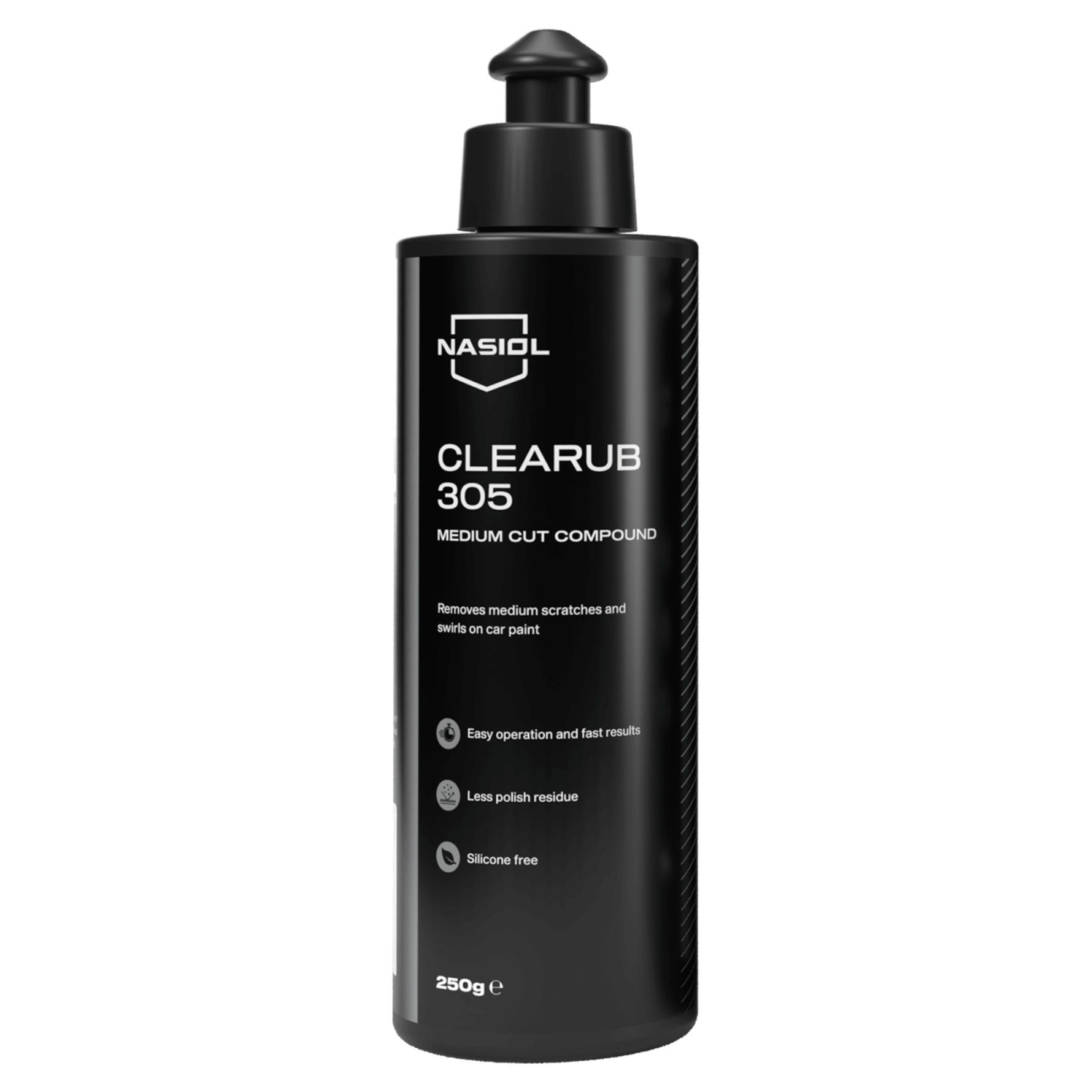 Composto de polimento médio Nasiol Clearub 305 250g — remove riscos médios e marcas de swirl