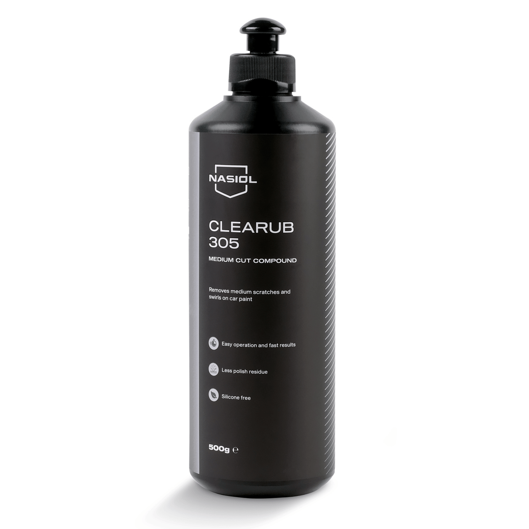 Composto de polimento médio Nasiol Clearub 305 500g — remove riscos médios e marcas de swirl