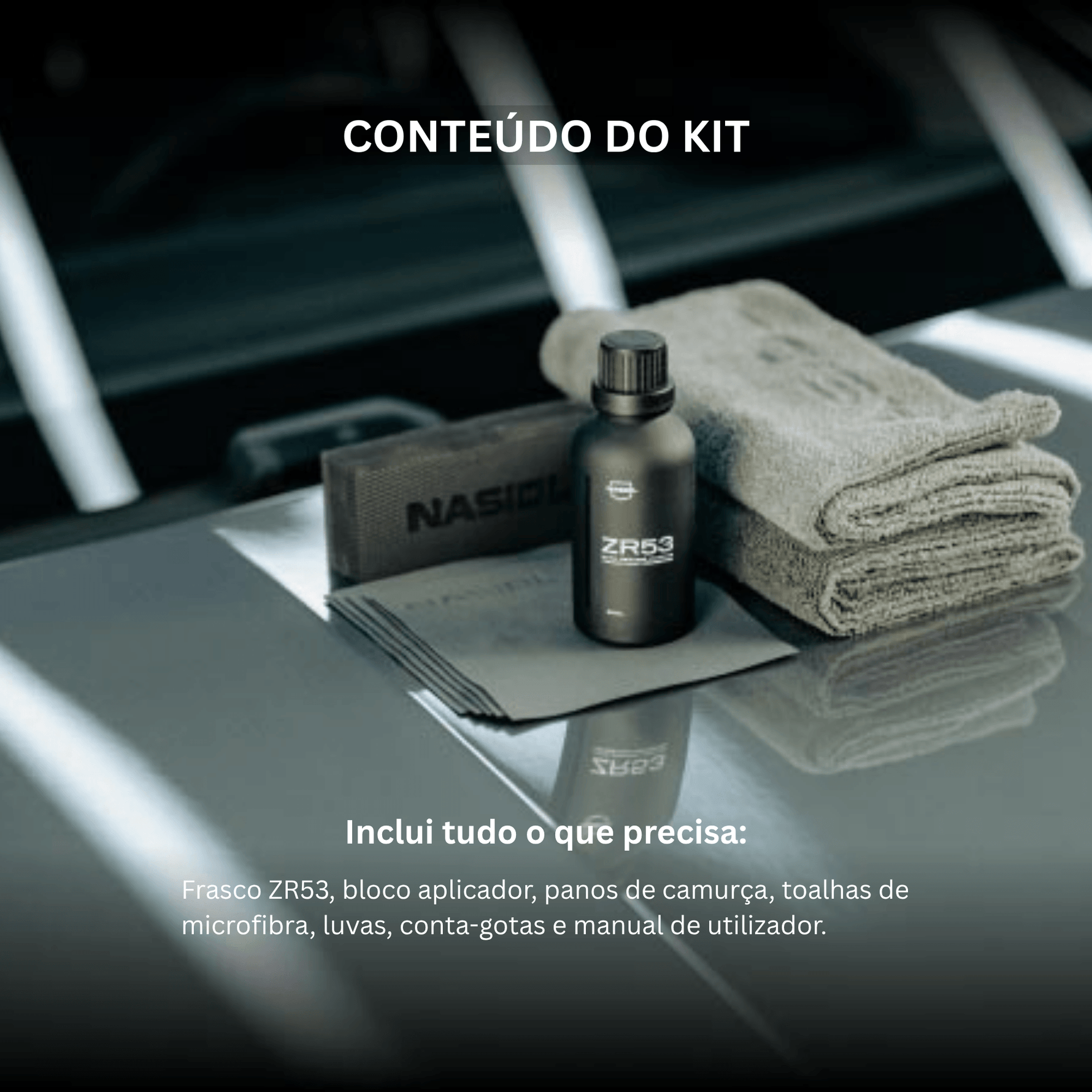 Conteúdo completo do kit Nasiol ZR53: frasco, bloco aplicador, panos de camurça, toalhas de microfibra, luvas e conta-gotas — Detaildawg Portugal e Espanha