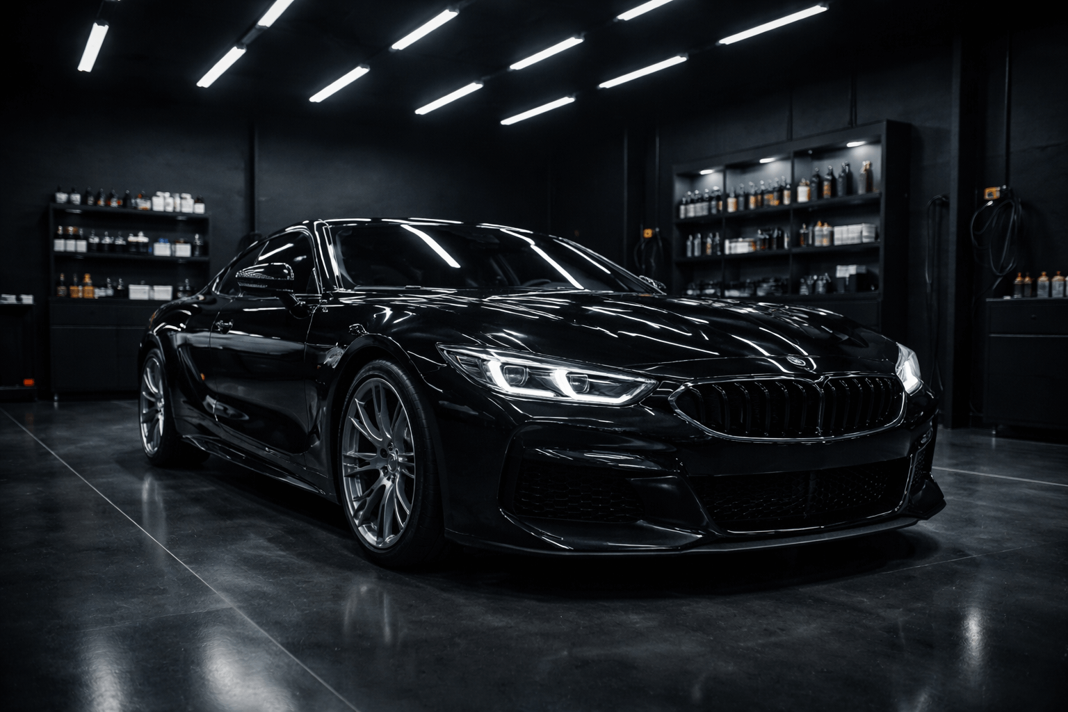 Automóvel preto em estúdio de detailing premium com iluminação profissional