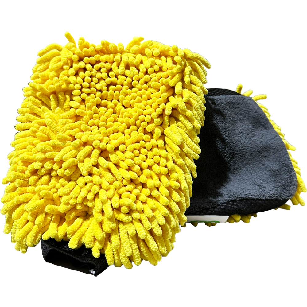 Yellow microfiber wash mitt - front and back view
