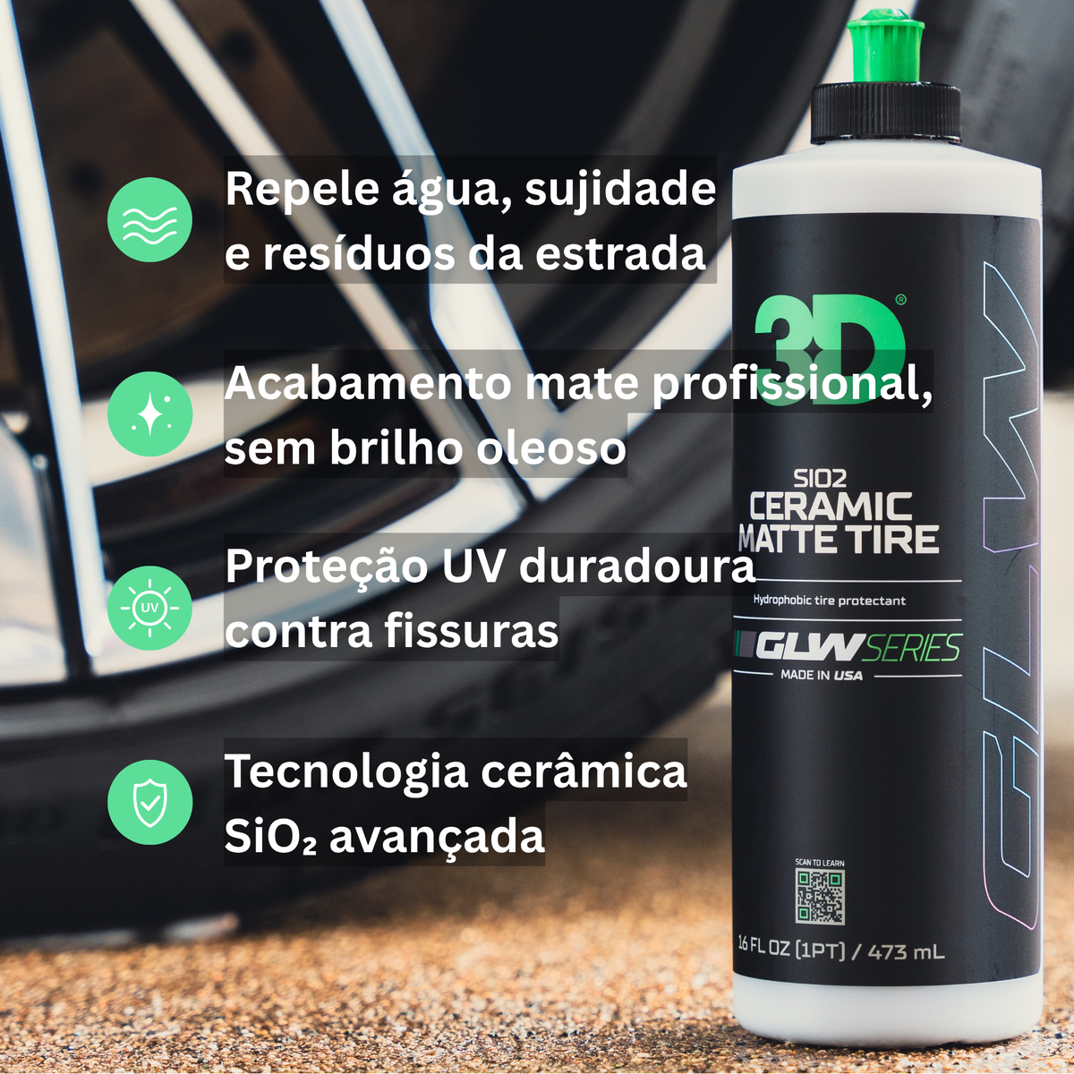 3D Ceramic Matte Tire dressing cerâmico pneus junto a jante desportiva, Portugal e Espanha