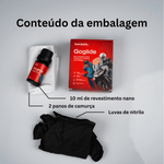 Conteúdo da embalagem Nasiol Goglide: 10 ml de revestimento nano, 2 panos de camurça e luvas de nitrilo