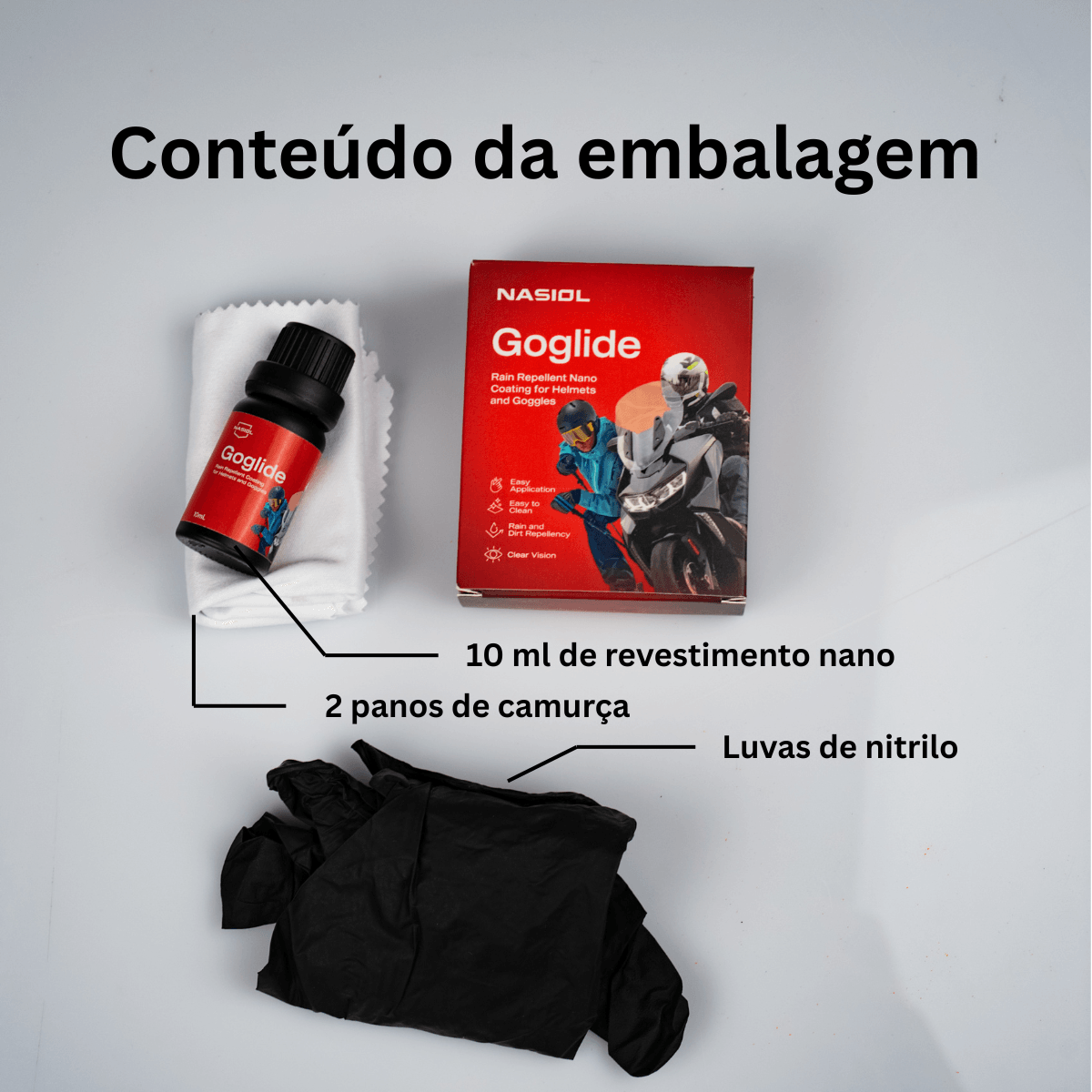 Conteúdo da embalagem Nasiol Goglide: 10 ml de revestimento nano, 2 panos de camurça e luvas de nitrilo