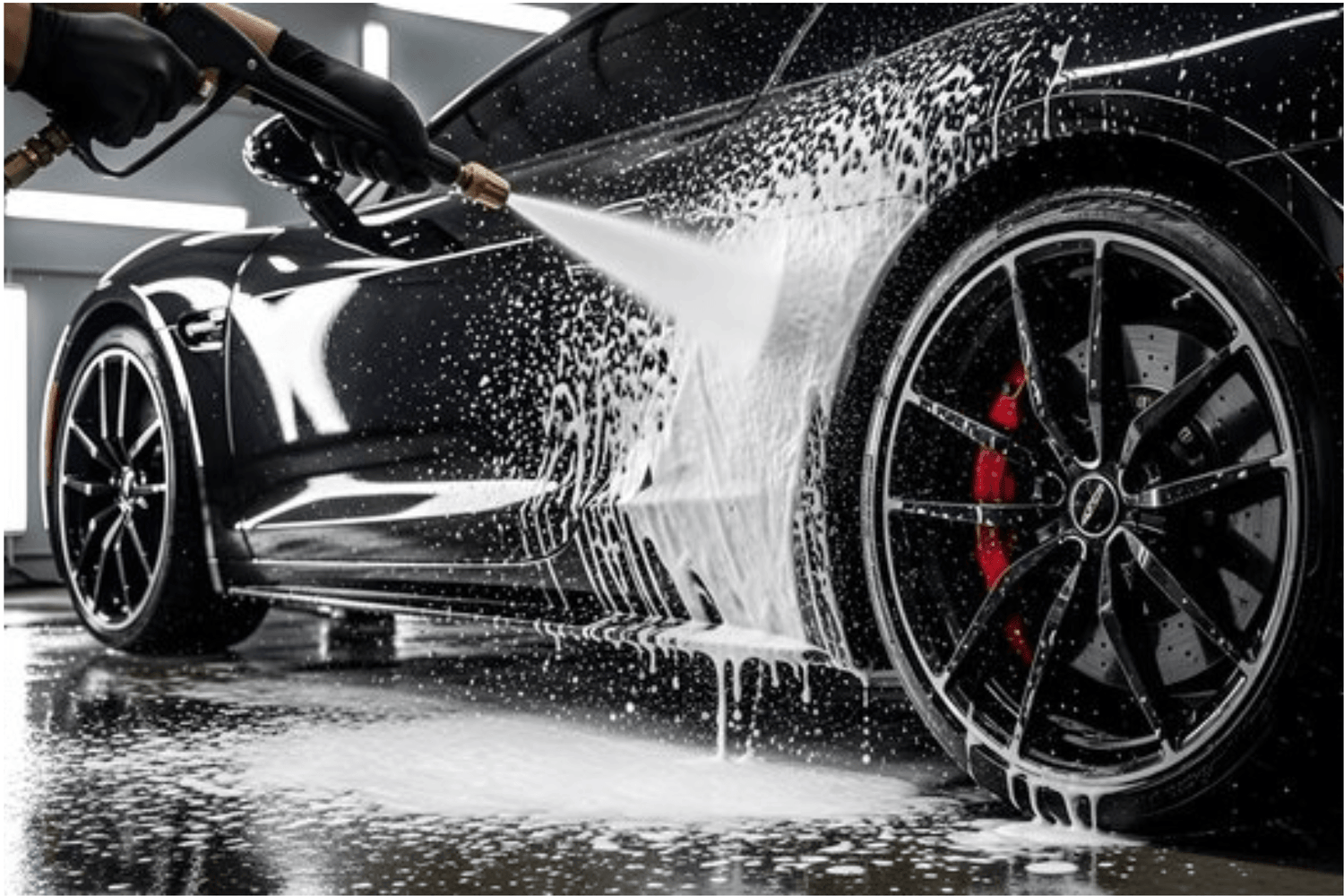 Aplicação de espuma ativa numa jante e pneu de carro desportivo preto durante processo de lavagem detailing, com produtos 3D Car Care e Nasiol — Detaildawg Portugal e Espanha