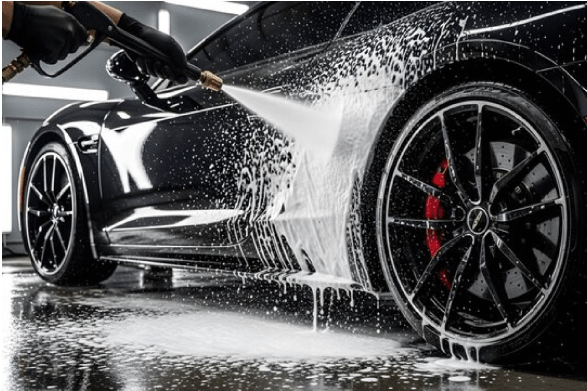 Aplicação de espuma ativa numa jante e pneu de carro desportivo preto durante processo de lavagem detailing, com produtos 3D Car Care e Nasiol — Detaildawg Portugal e Espanha
