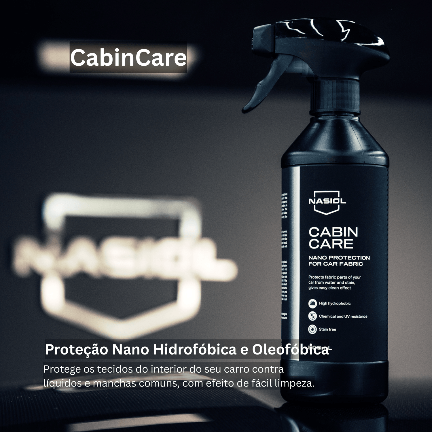 Nasiol CabinCare aplicado em tecido automóvel, produto hidrofóbico e oleofóbico que protege contra manchas e líquidos