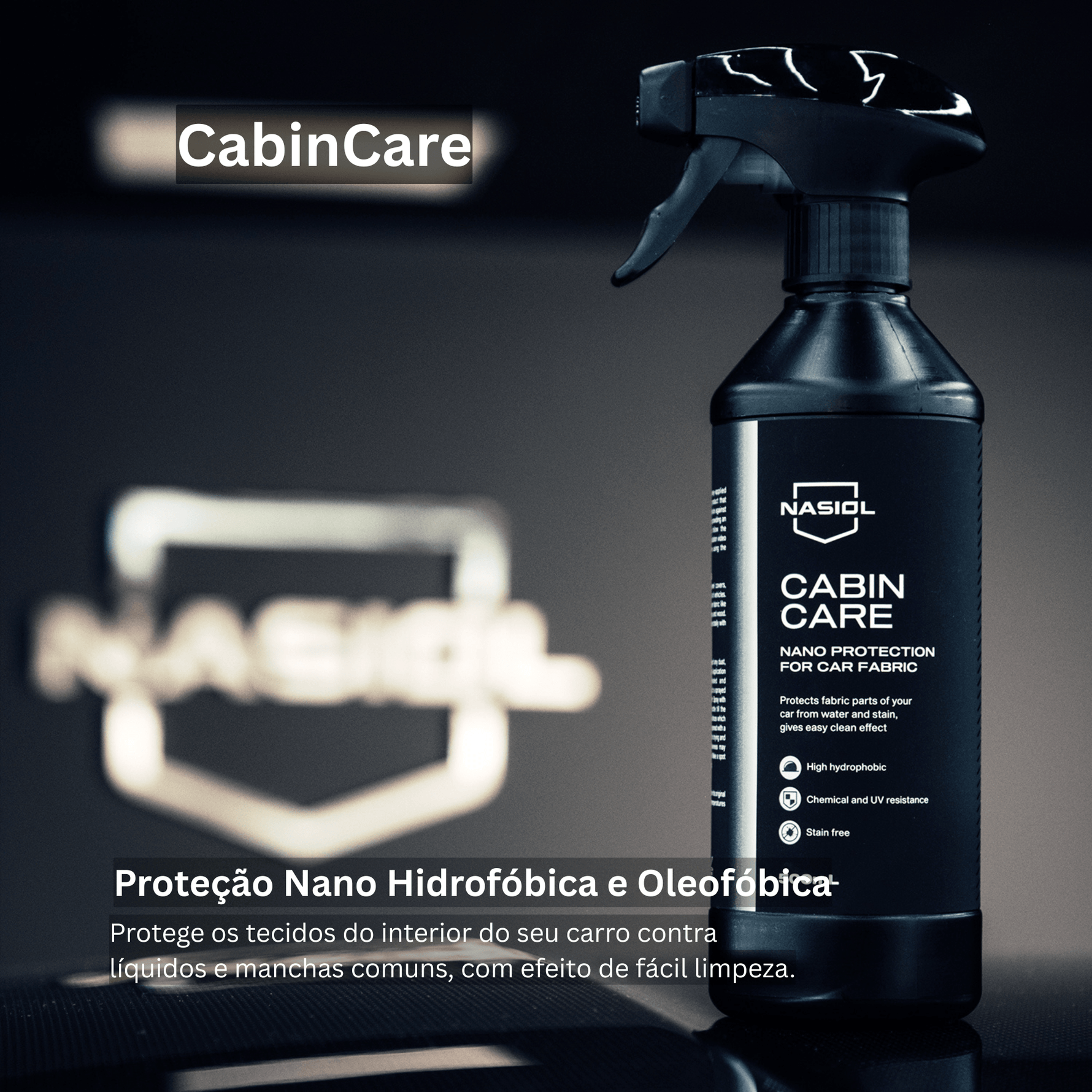 Nasiol CabinCare aplicado em tecido automóvel, produto hidrofóbico e oleofóbico que protege contra manchas e líquidos
