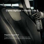 Mão com luva a segurar frasco Nasiol CabinCare junto ao banco do carro, passo 1 de preparação da superfície