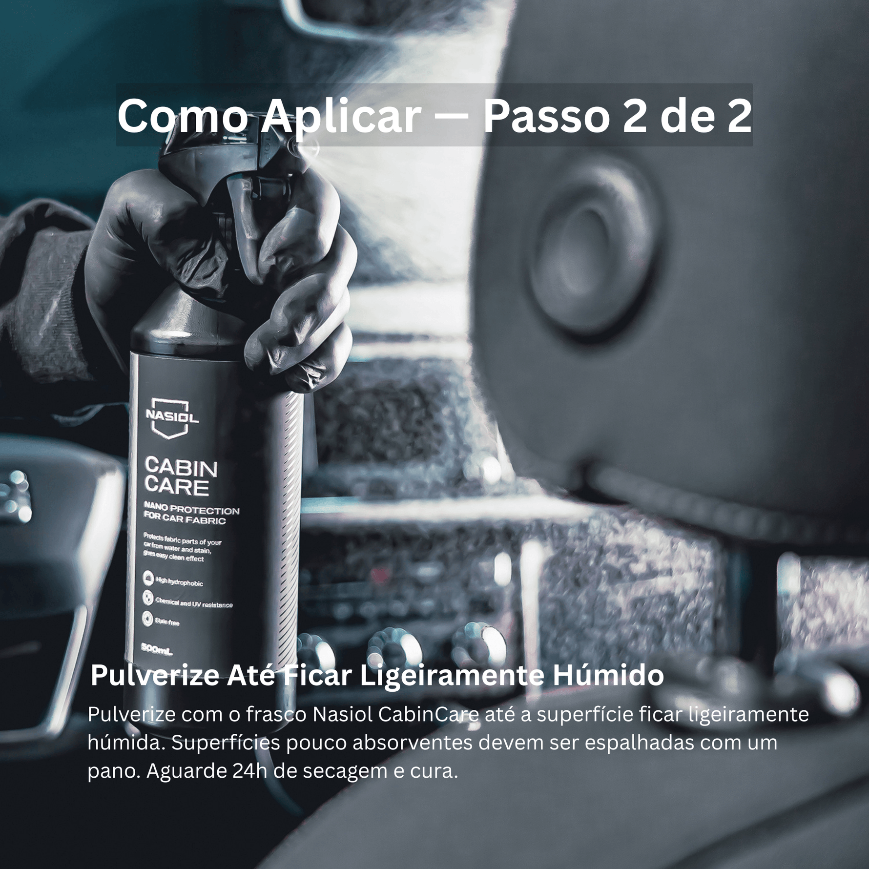 Aplicação de Nasiol CabinCare por pulverização no encosto de cabeça do banco do carro, spray de proteção têxtil