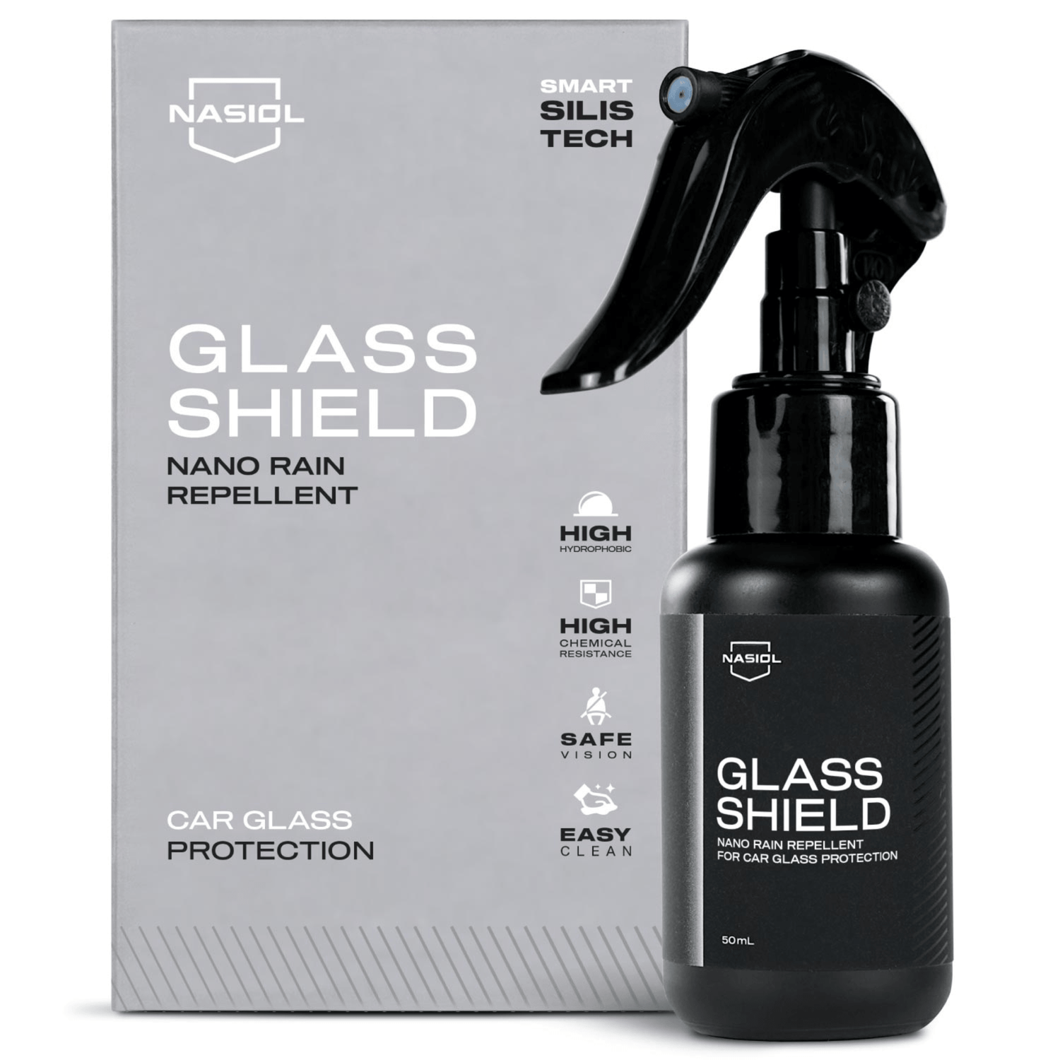 Nasiol GlasShield 50ml, repelente de chuva nano para vidros de automóvel, frasco spray fundo branco