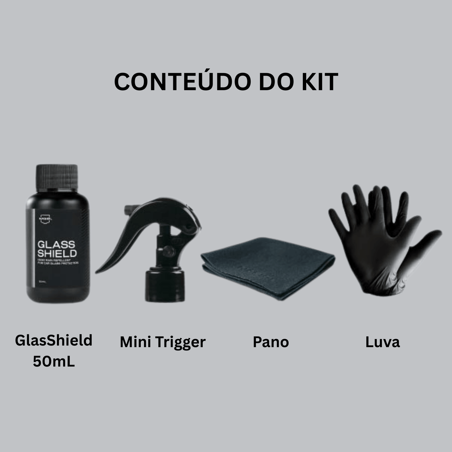 Kit Nasiol GlasShield com frasco 50ml, mini trigger, pano de algodão e luvas de nitrilo pretas