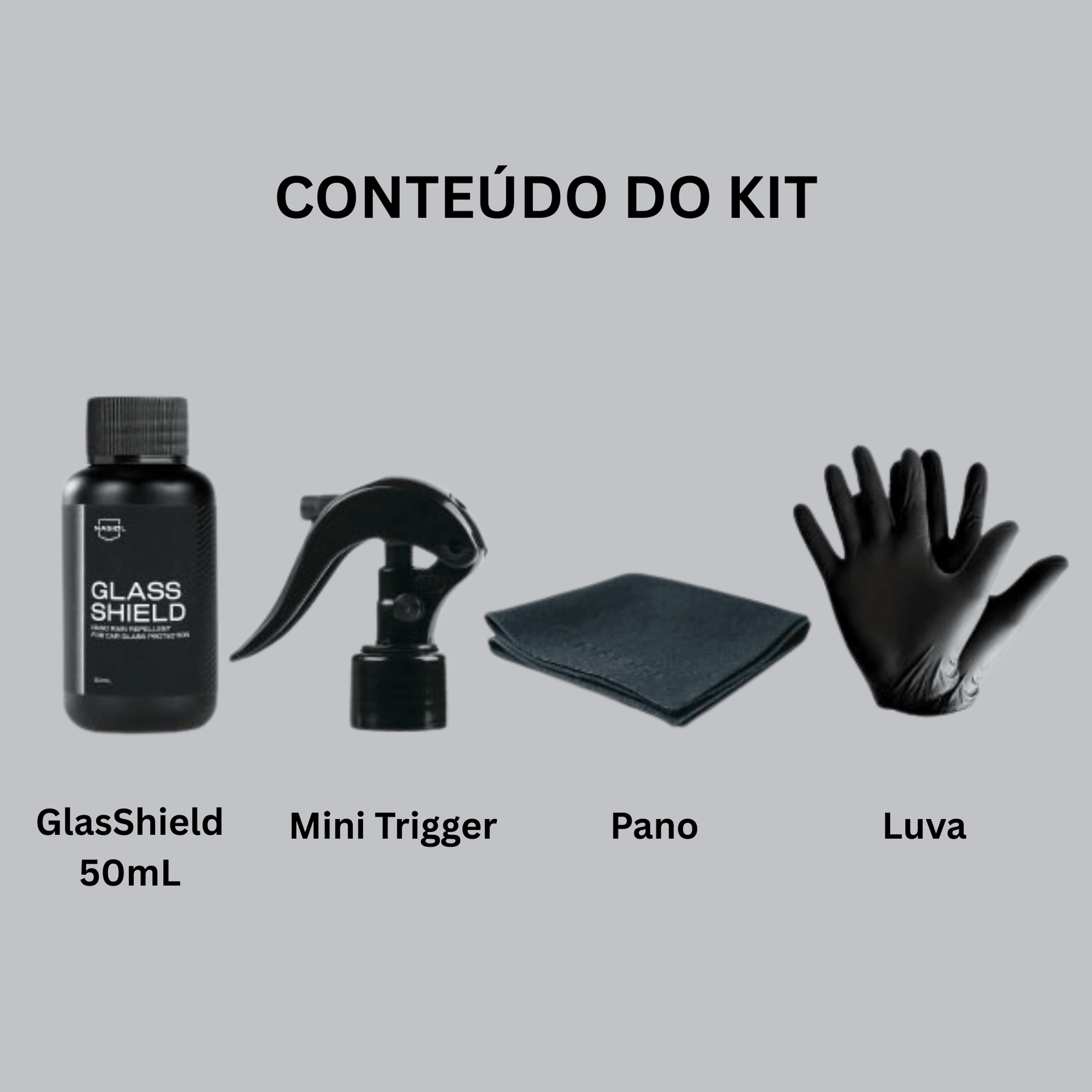 Kit Nasiol GlasShield com frasco 50ml, mini trigger, pano de algodão e luvas de nitrilo pretas