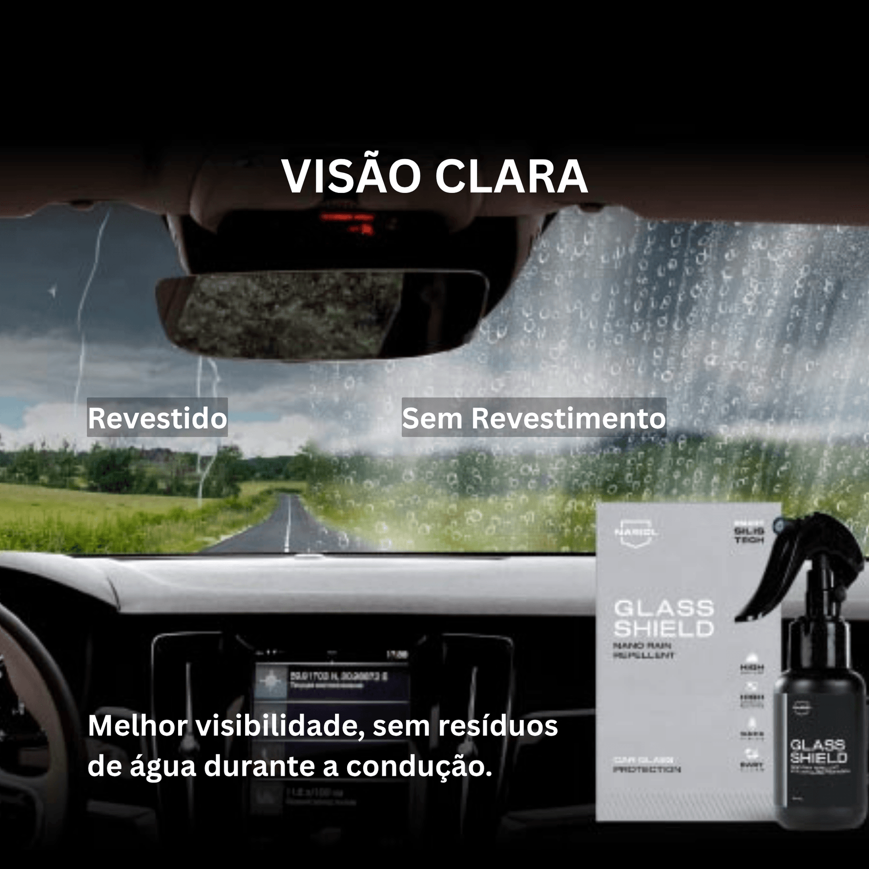 Comparação de para-brisas com e sem Nasiol GlasShield durante a chuva, vidro revestido com visão clara e vidro sem revestimento com água acumulada