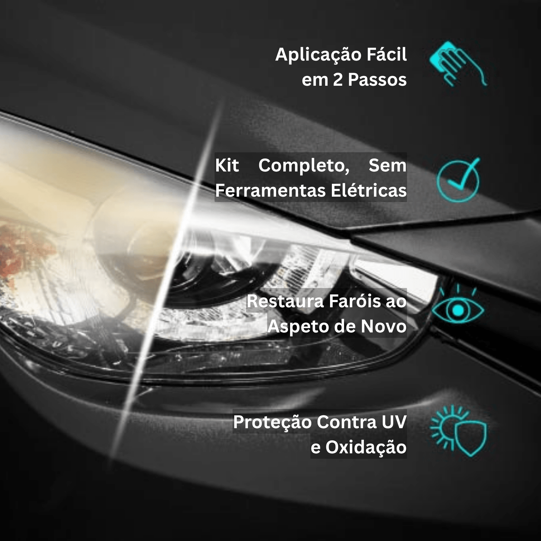 Farol de automóvel oxidado e amarelado transformado em farol transparente com Nasiol Headlight Restorer, aplicação fácil em 2 passos e proteção UV