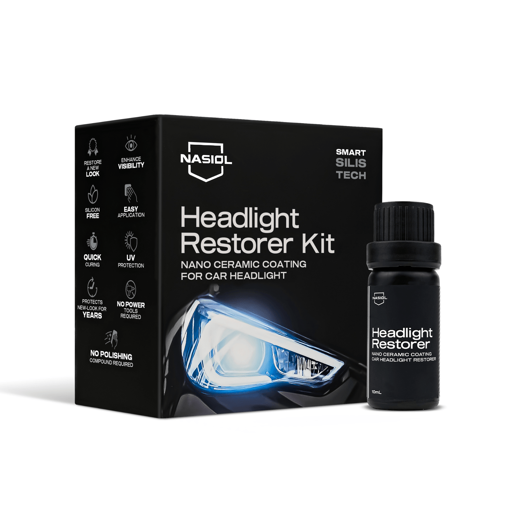 Nasiol Headlight Restorer Kit 10ml, revestimento nano cerâmico para faróis de automóvel, caixa e frasco em fundo branco
