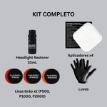 Kit completo Nasiol Headlight Restorer com frasco 10ml, aplicadores, lixas P500 P1000 P2000 e luvas de nitrilo