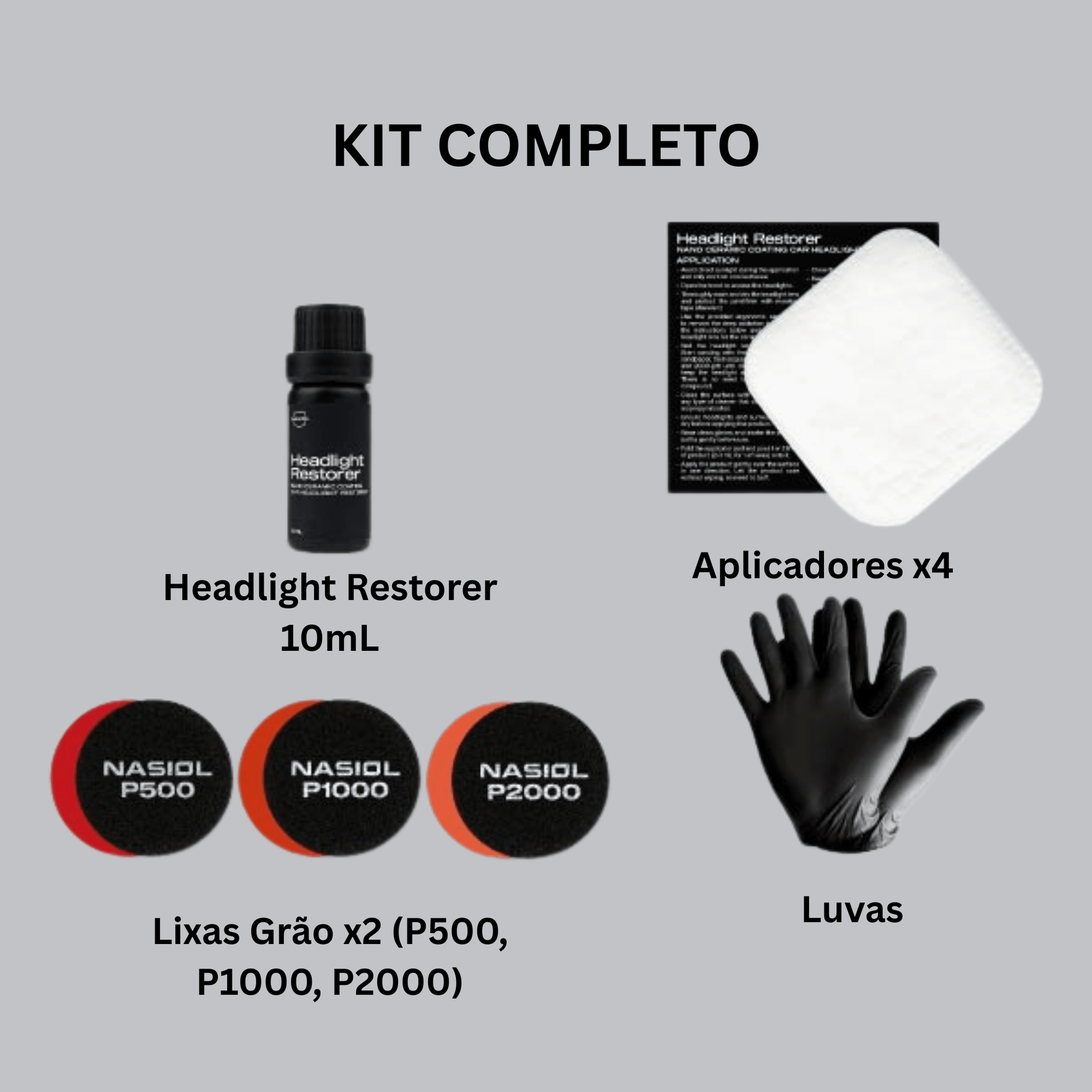 Kit completo Nasiol Headlight Restorer com frasco 10ml, aplicadores, lixas P500 P1000 P2000 e luvas de nitrilo