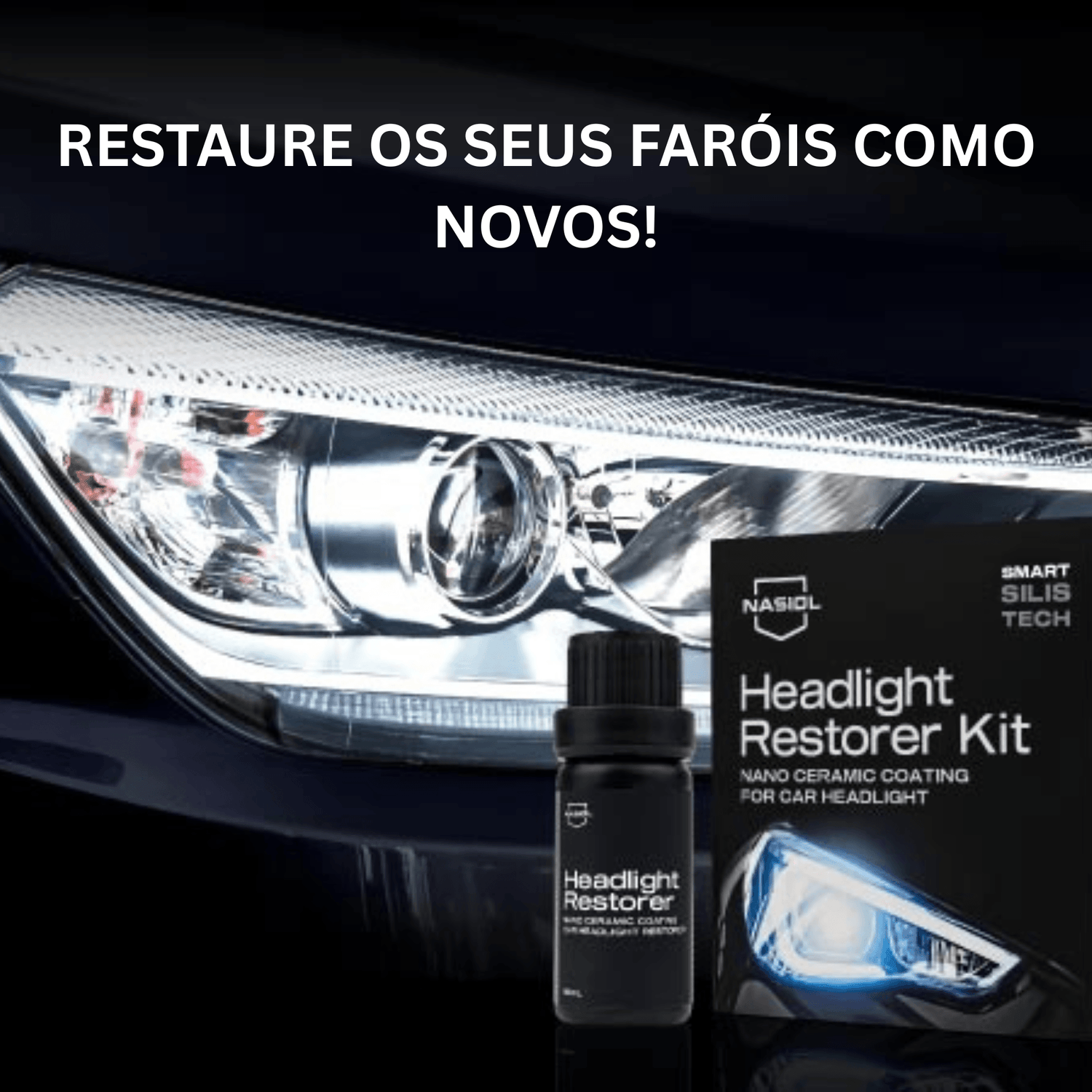 Farol de automóvel restaurado e transparente ao lado do kit Nasiol Headlight Restorer, faróis como novos
