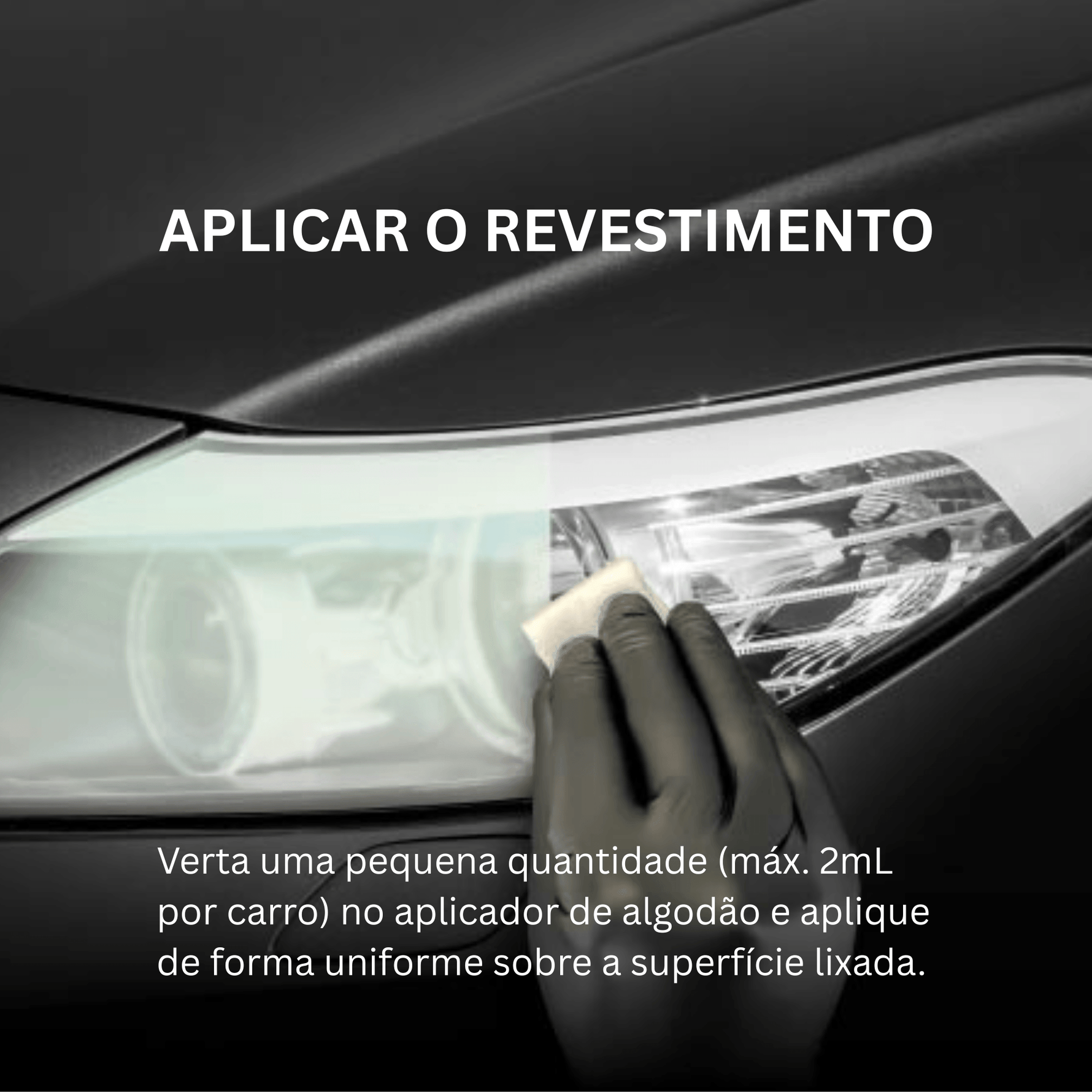 Mão com luva a aplicar Nasiol Headlight Restorer com aplicador de algodão em farol de automóvel, passo 2 de aplicação do revestimento