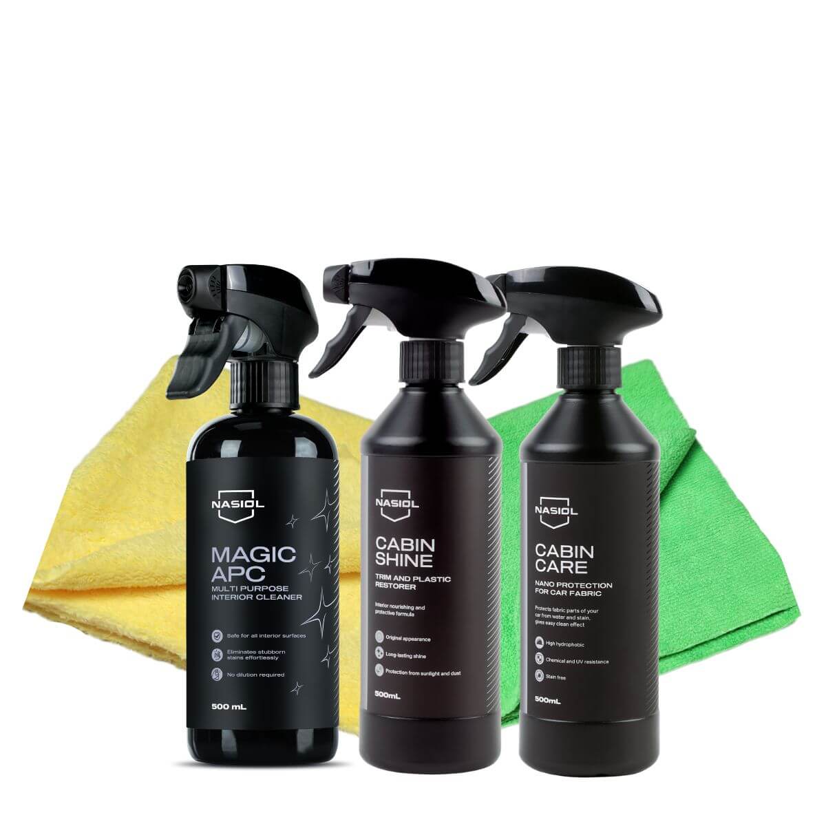 Nasiol kit detalhe interior automovel com Magic APC, Cabin Shine e Cabin Care para limpeza, protecao e acabamento de superficies interiores Portugal e Espanha DetailDawg