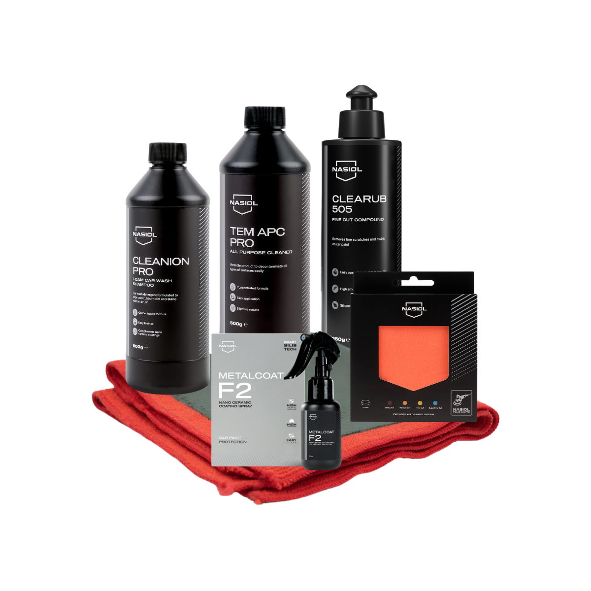 Kit inicial Nasiol para revestimento cerâmico automóvel com shampoo Cleanion Pro, TEM APC Pro, Clearub 505, clay towel, esponja de polimento e MetalCoat F2 para proteção de pintura e jantes