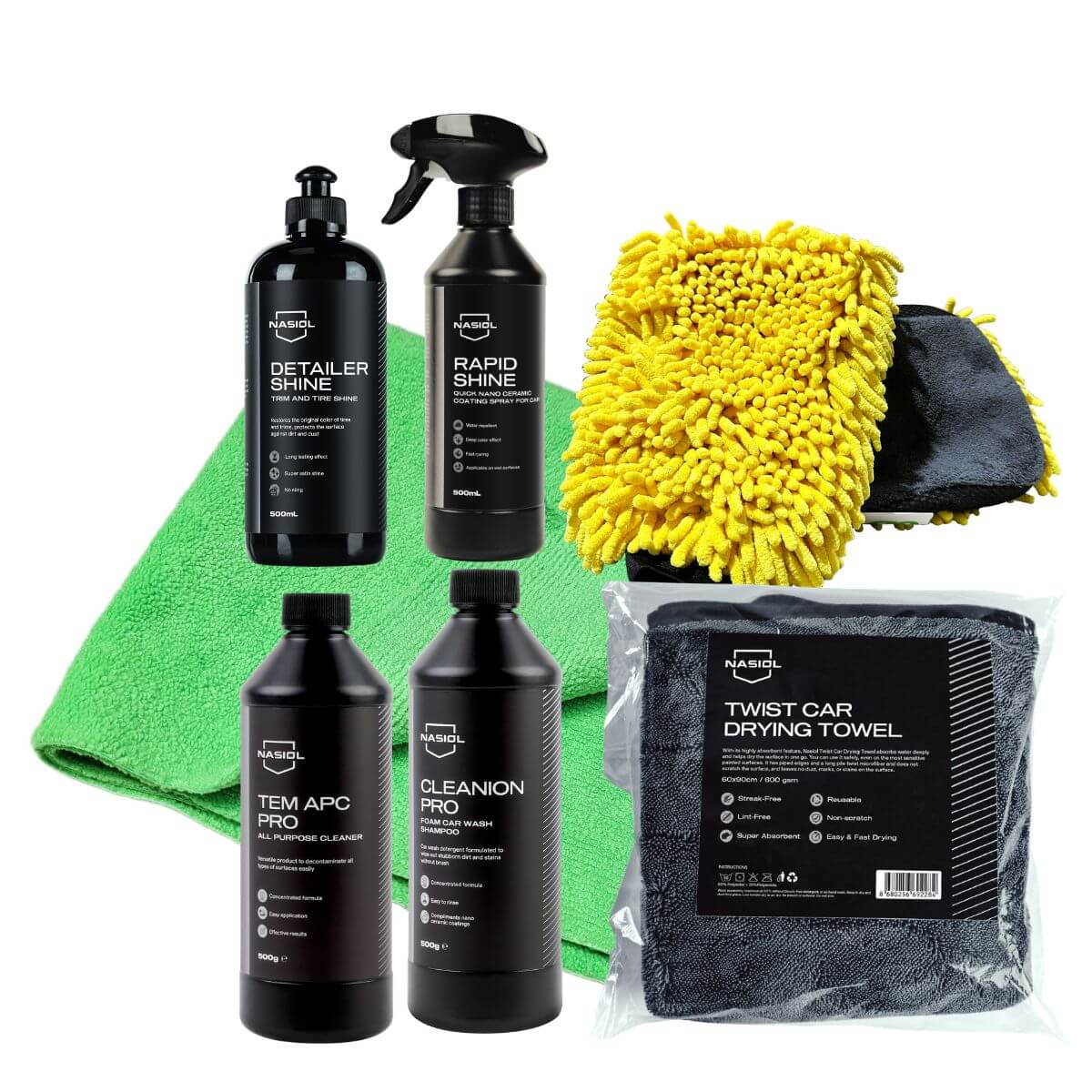 Nasiol kit lavagem automovel completo com Cleanion Pro shampoo, TEM APC Pro, RapidShine, DetailerShine, microfibras e toalha de secagem para limpeza e manutencao automovel Portugal e Espanha DetailDawg