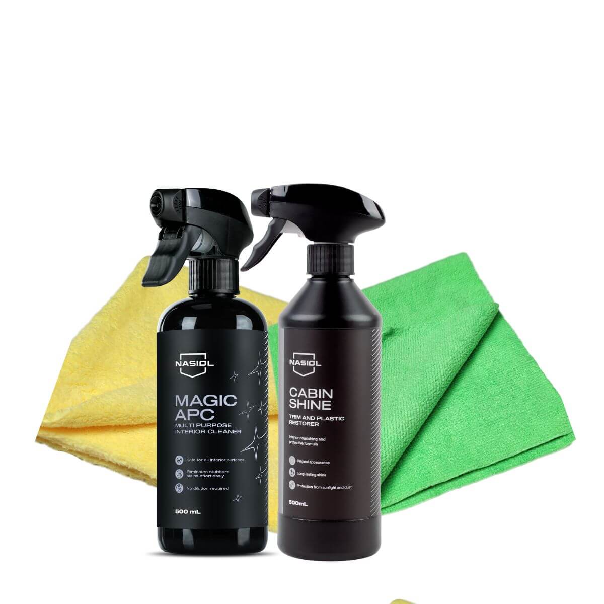 Nasiol kit limpeza interior automovel com Magic APC e Cabin Shine para limpeza e acabamento de plasticos e vinil com microfibras Portugal e Espanha DetailDawg