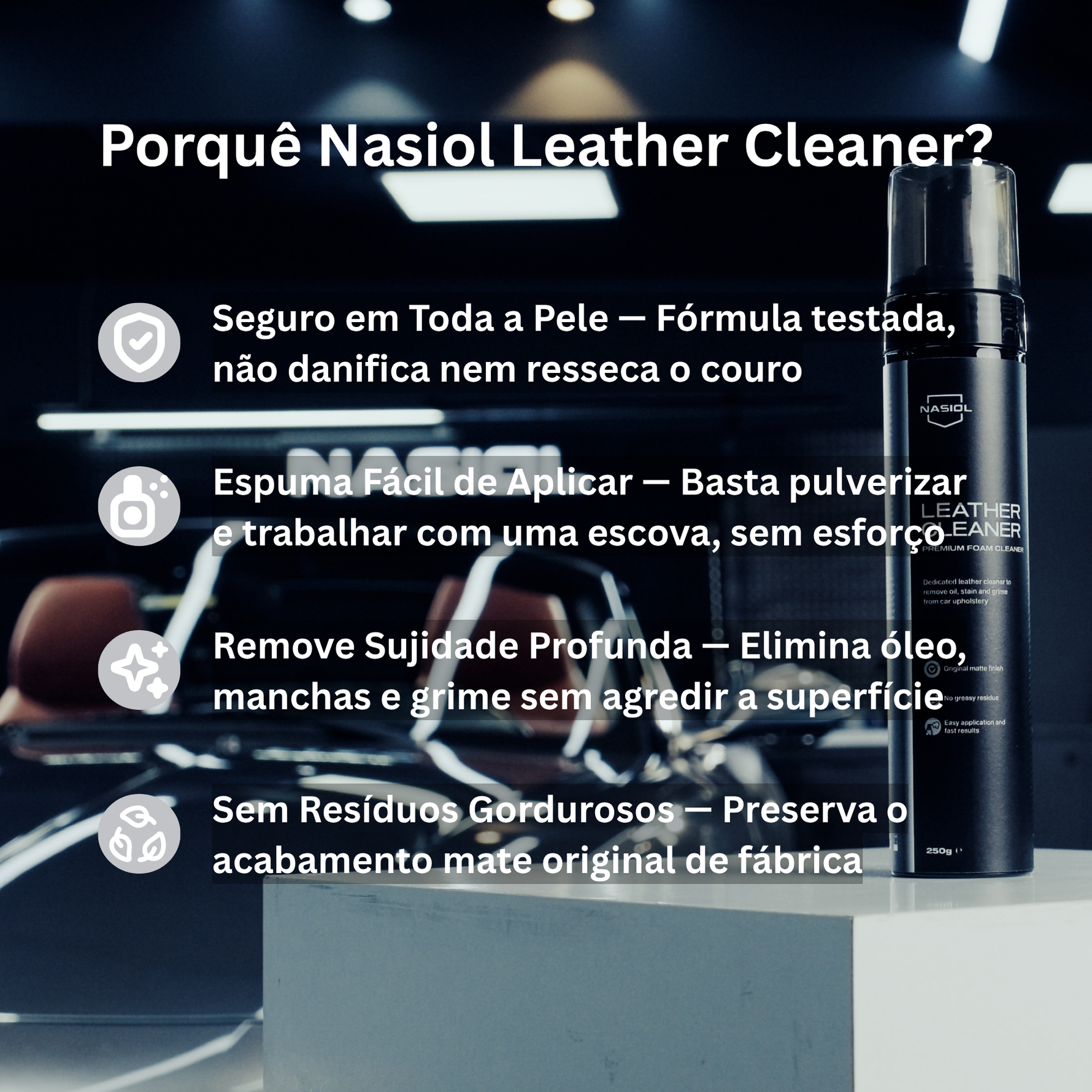 Porquê escolher Nasiol Leather Cleaner — seguro em toda a pele, fácil de aplicar, sem resíduos gordurosos