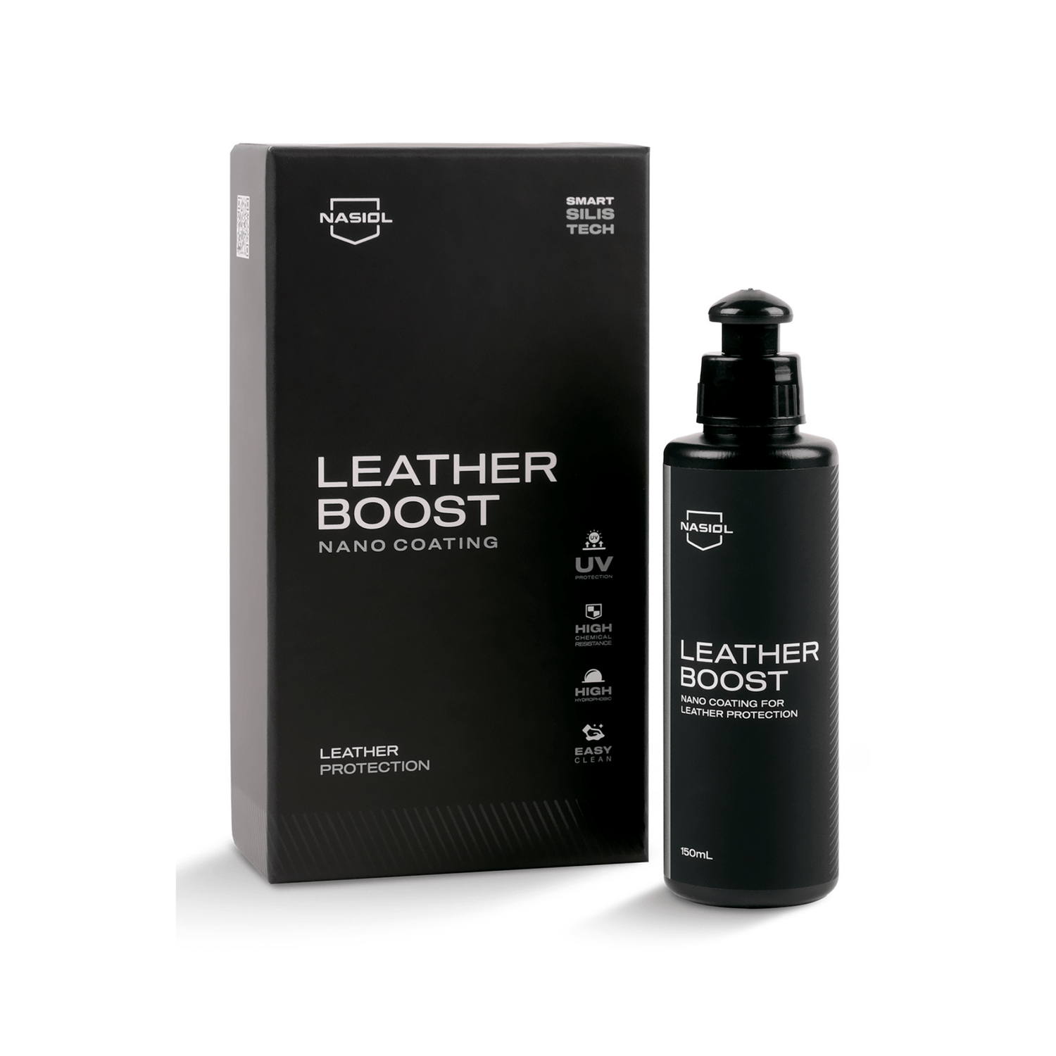 Nasiol LeatherBoost 150ml, nano revestimento transparente para proteção de pele automóvel, caixa e frasco em fundo branco