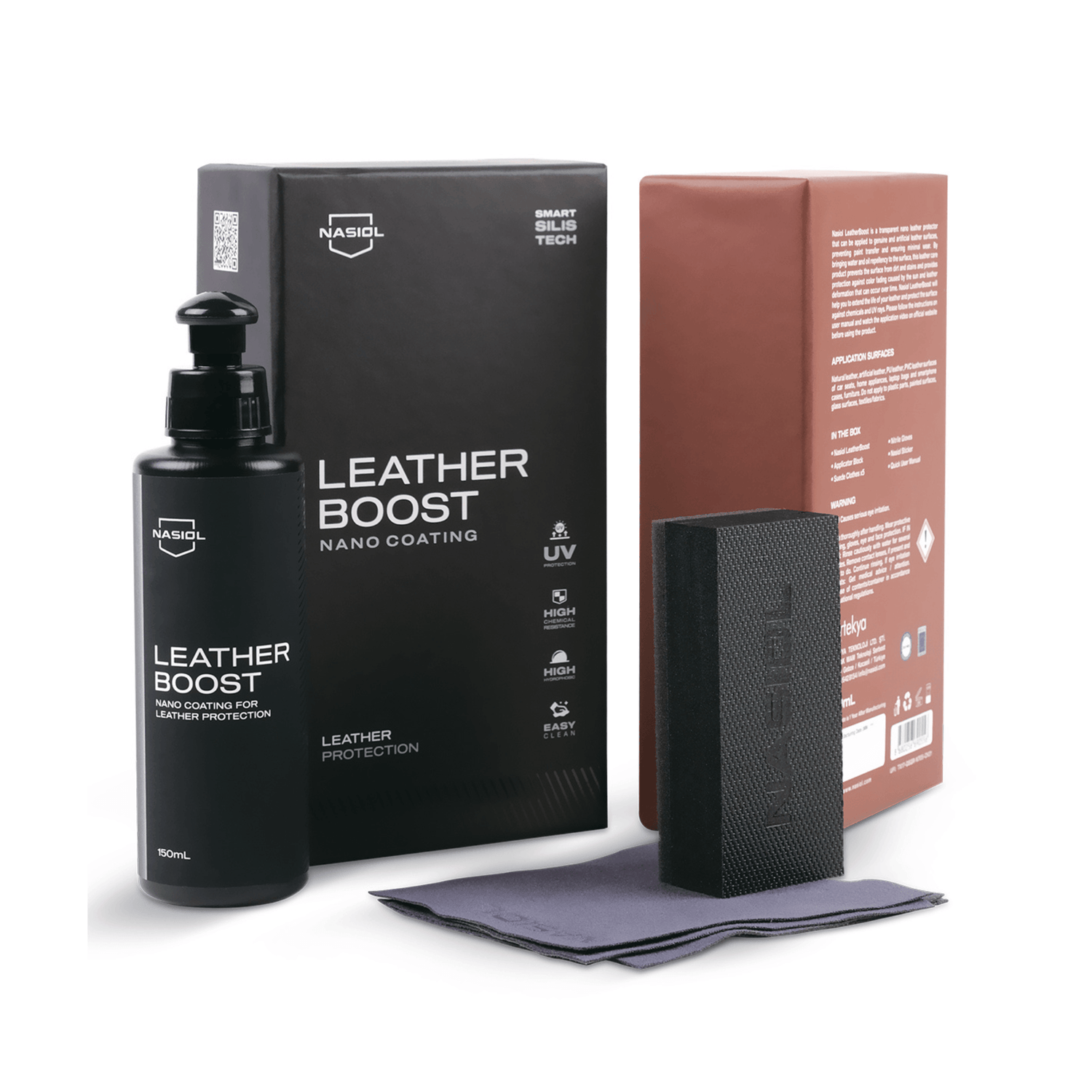 Kit Nasiol LeatherBoost com frasco, bloco aplicador e pano de microfibra