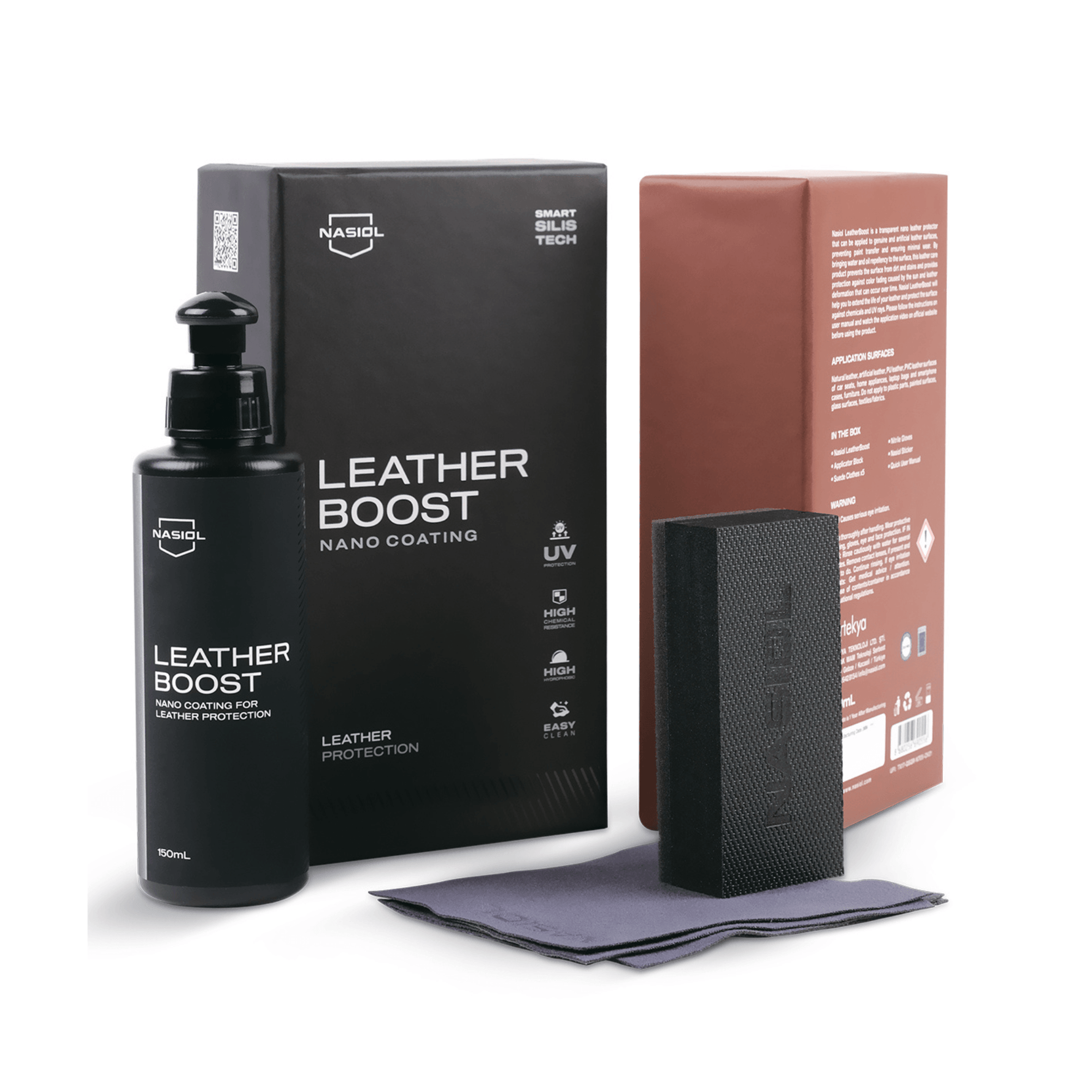 Kit Nasiol LeatherBoost com frasco, bloco aplicador e pano de microfibra