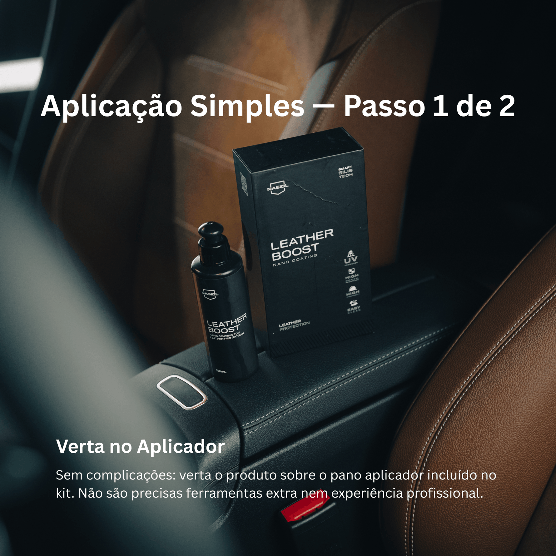 Aplicação de Nasiol LeatherBoost sobre bloco aplicador, passo 1 de aplicação em pele automóvel