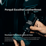 Frasco e caixa Nasiol LeatherBoost sobre banco de pele de automóvel, proteção profissional para pele natural e artificial