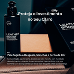 Nasiol LeatherBoost na consola central de carro com bancos em pele castanha, proteção contra desgaste e desbotamento