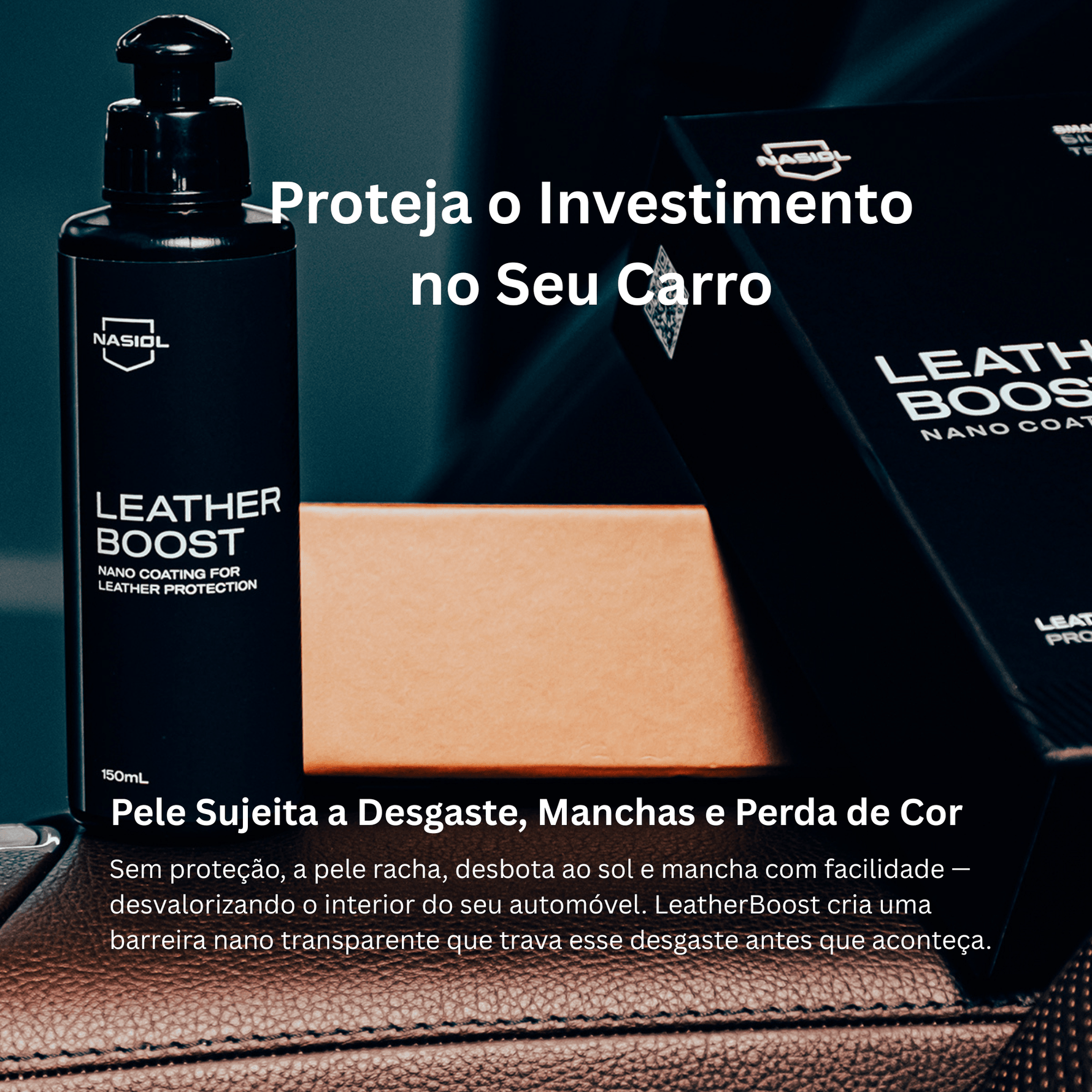 Nasiol LeatherBoost na consola central de carro com bancos em pele castanha, proteção contra desgaste e desbotamento
