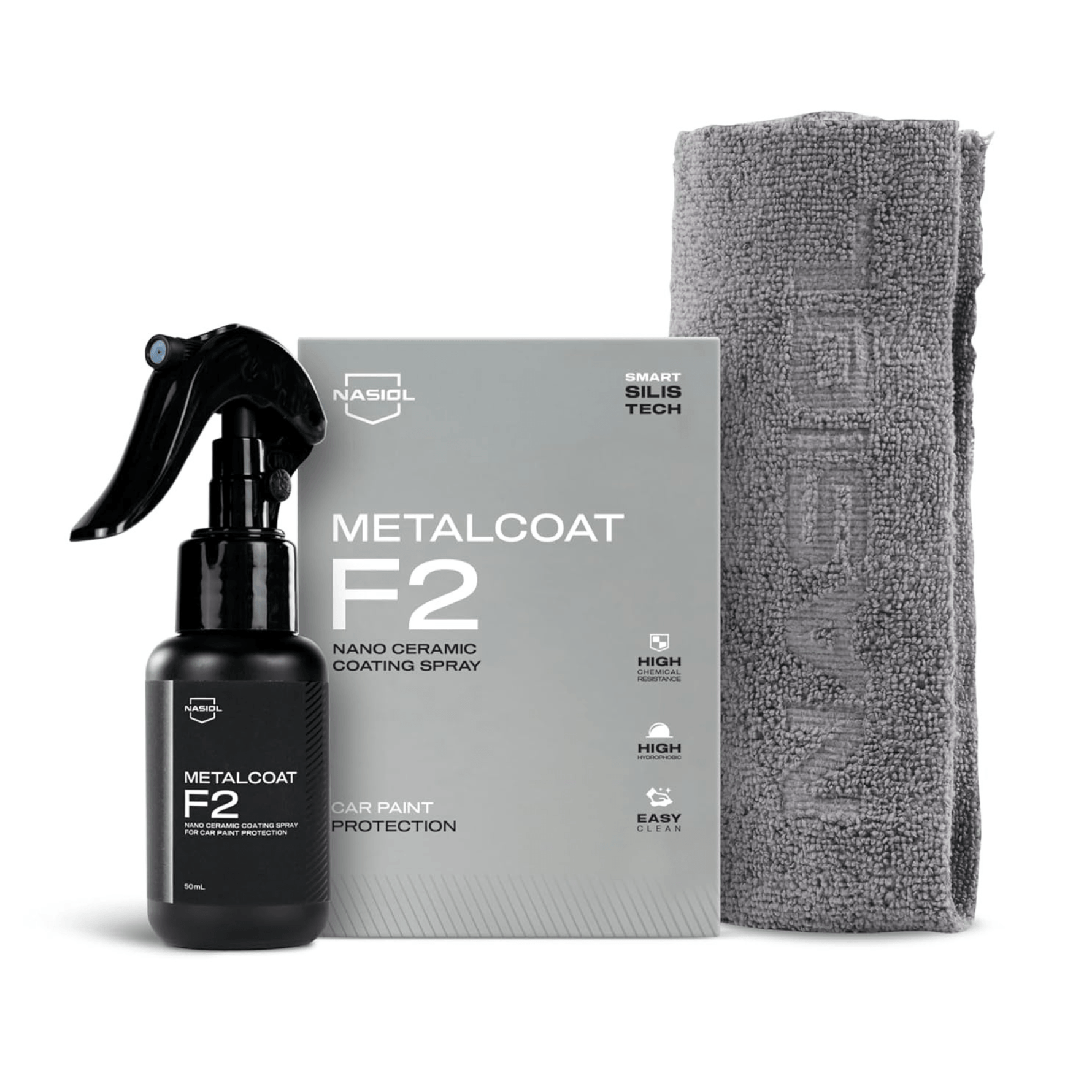 Nasiol MetalCoat F2 50ml, spray de revestimento nano cerâmico para pintura automóvel, com caixa e pano de microfibra em fundo branco