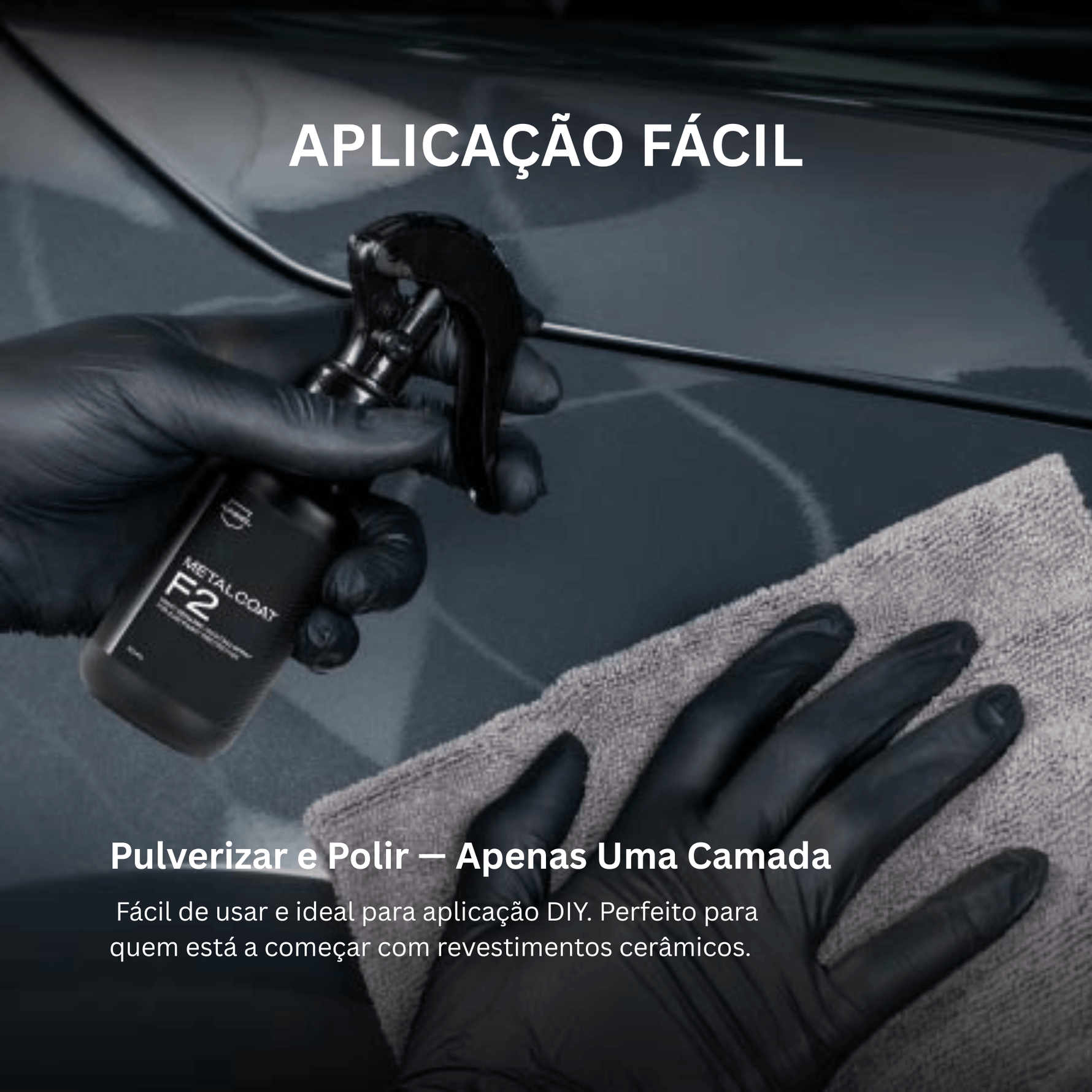Aplicação de Nasiol MetalCoat F2 com trigger e pano de microfibra em pintura escura de automóvel, aplicação fácil DIY numa única camada