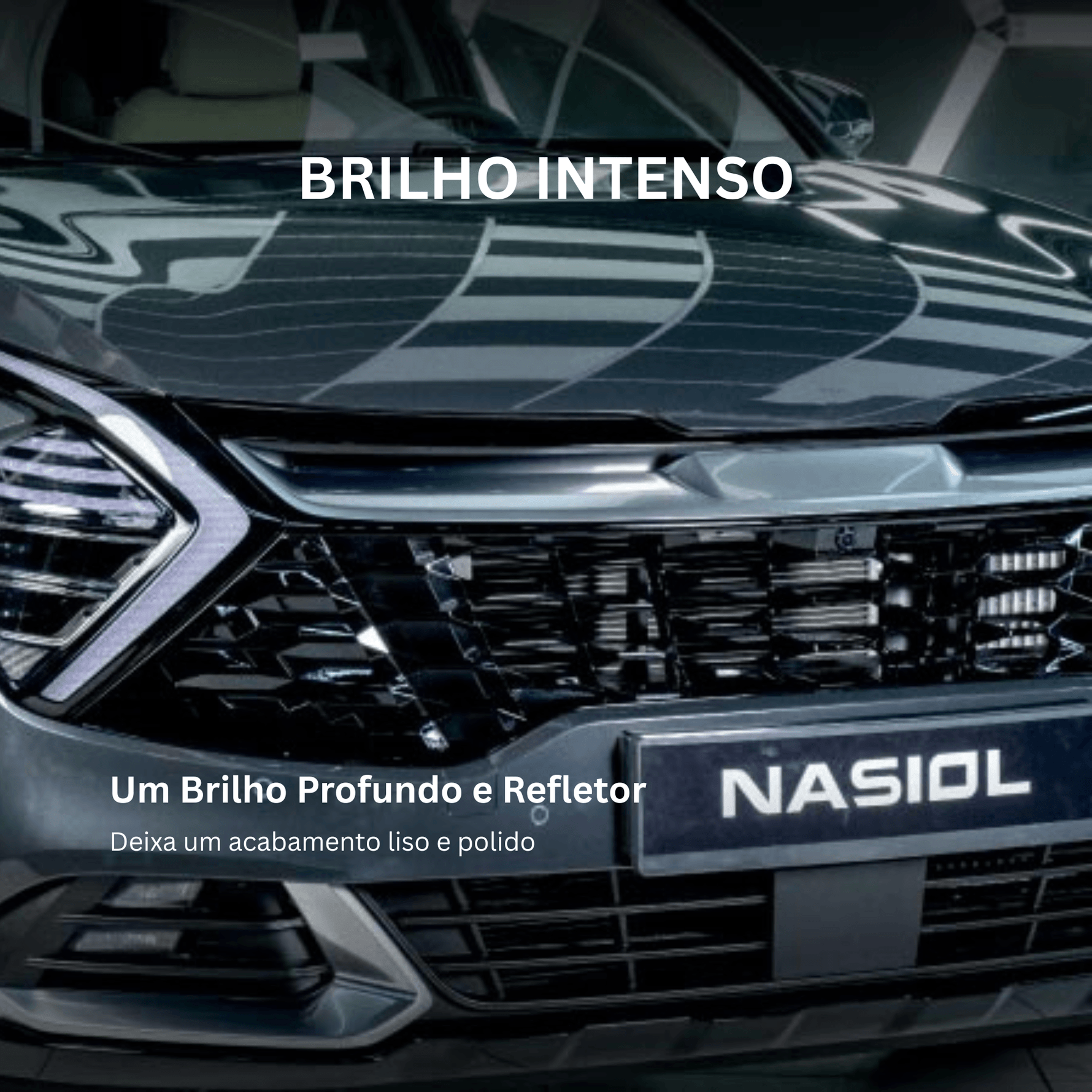 Frente de automóvel com acabamento brilhante e refletor após aplicação de Nasiol MetalCoat F2, brilho profundo e polido
