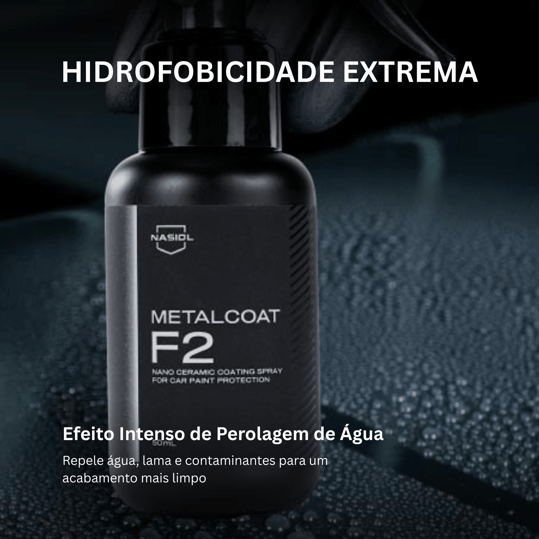 Gotas de água a perolar sobre pintura de automóvel tratada com Nasiol MetalCoat F2, efeito hidrofóbico extremo