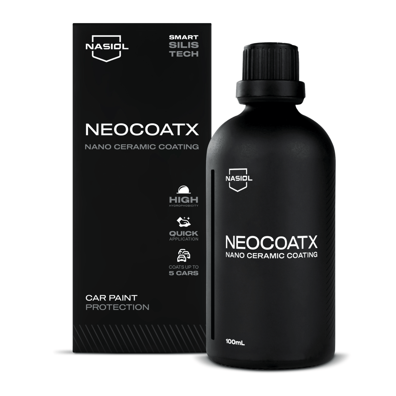 Nasiol NeoCoatX 100ml, revestimento nano cerâmico para pintura automóvel, caixa e frasco em fundo branco