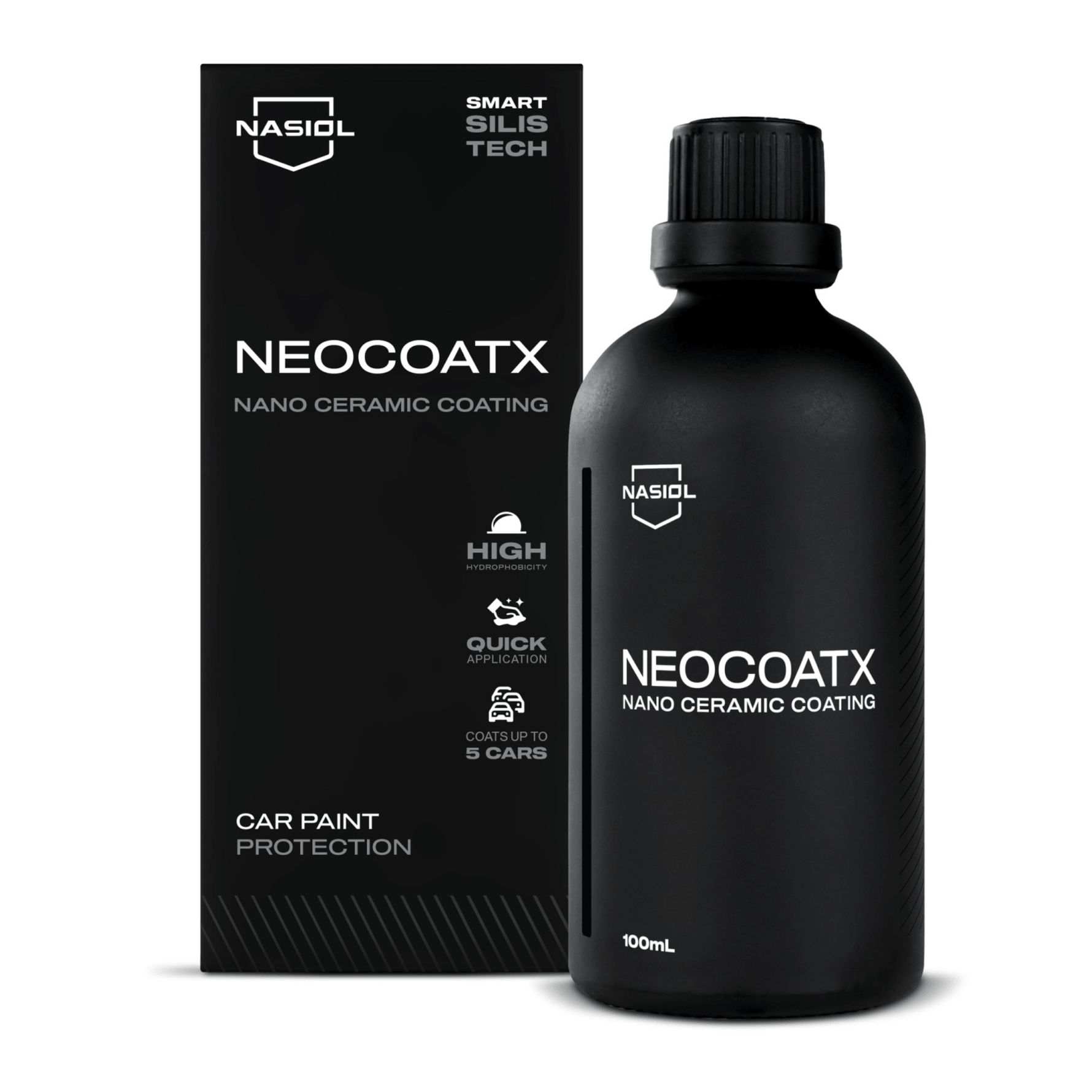 Nasiol NeoCoatX 100ml, revestimento nano cerâmico para pintura automóvel, caixa e frasco em fundo branco