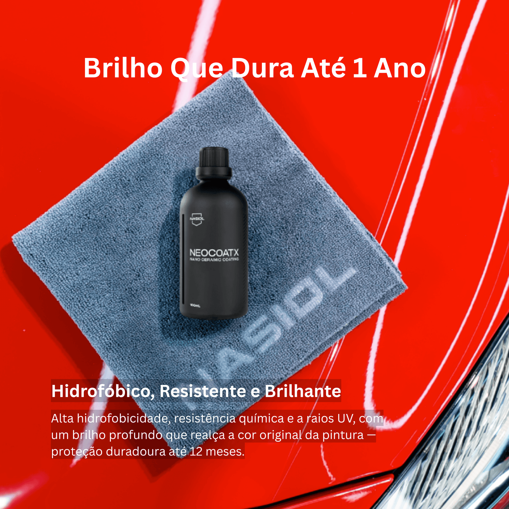 Frasco Nasiol NeoCoatX sobre pano de microfibra em pintura vermelha de carro, brilho duradouro e proteção hidrofóbica até 1 ano