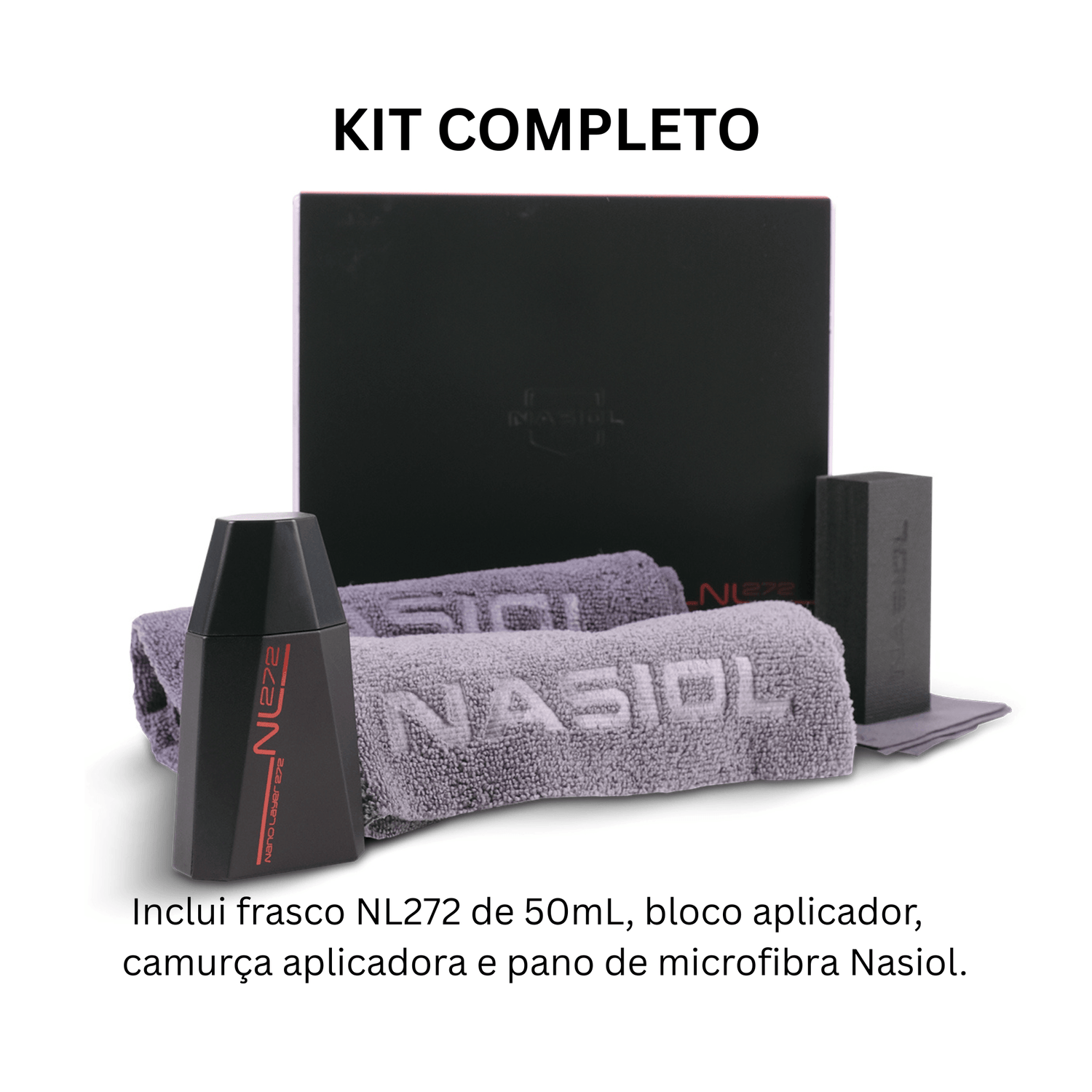 Kit completo Nasiol NL272 com frasco 50ml, bloco aplicador, camurça e pano de microfibra Nasiol